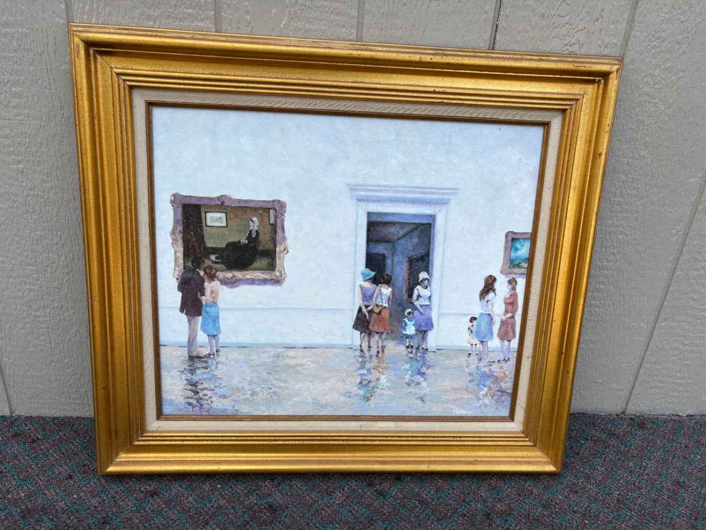 68041 Vintage Framed Painting of Museum Scene in Gold Frame