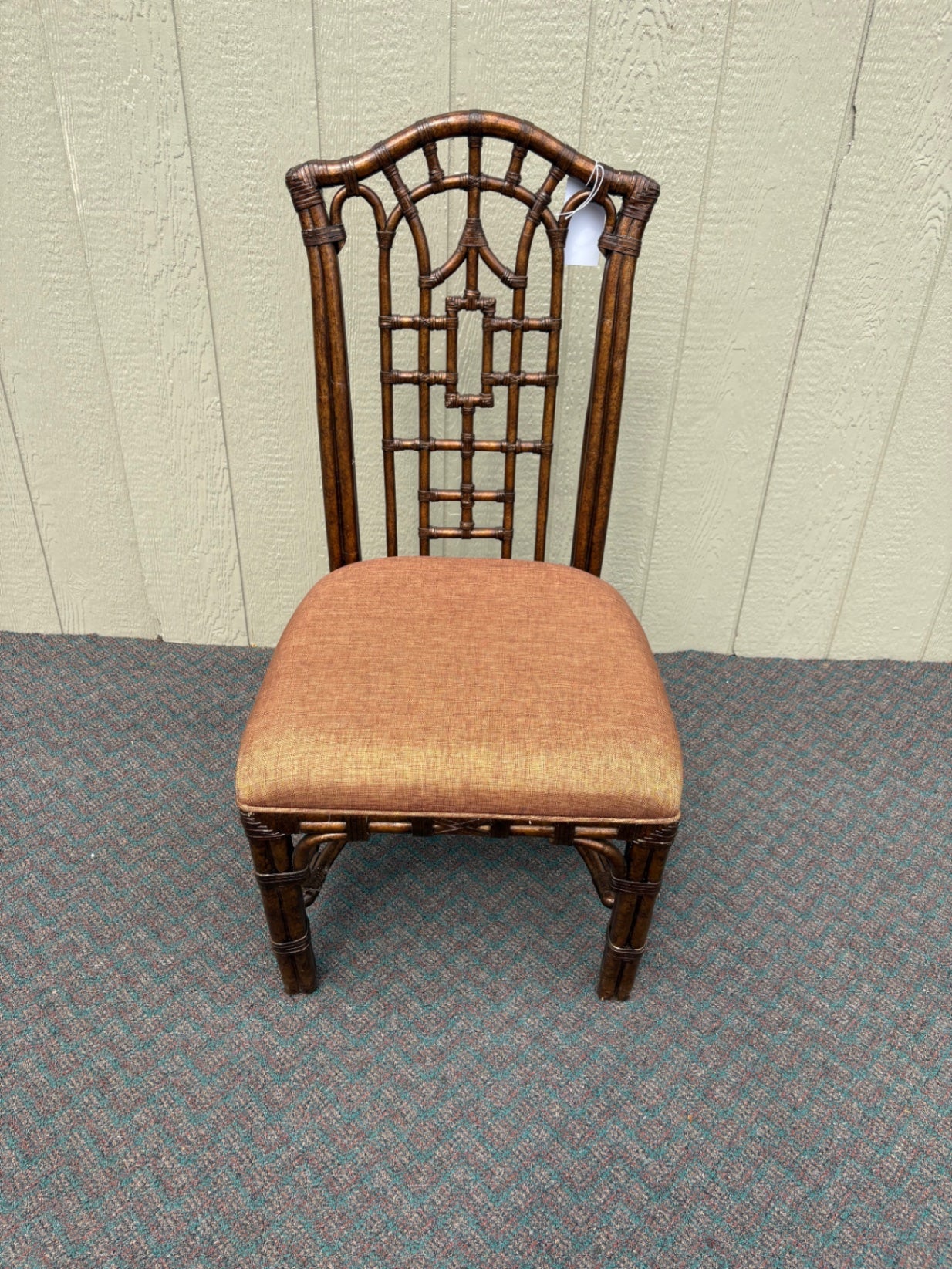 Vintage Chippendale Style Rattan Chair with Upholstered Seat