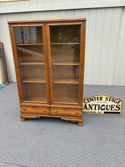 67740 Antique Oak Glass Door Bookcase with Drawers, Early 20th Century