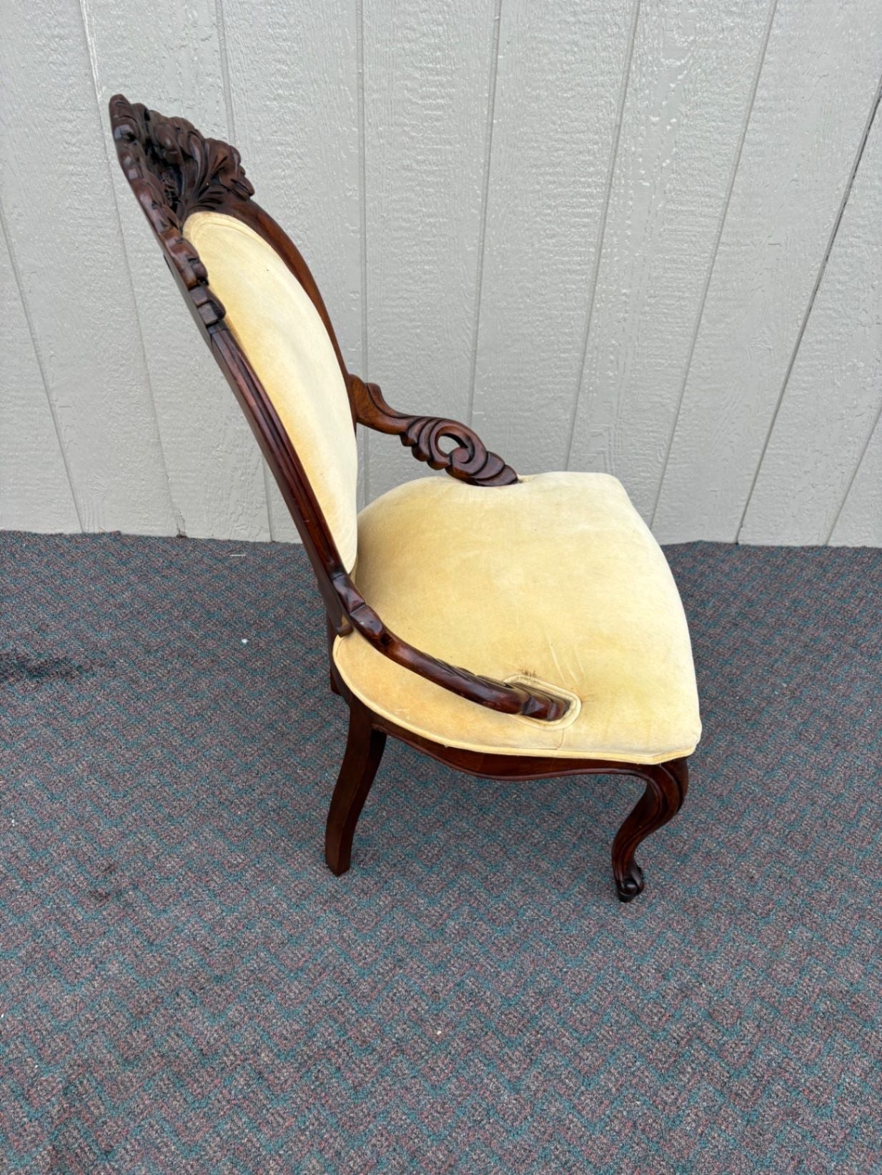 67445  Victorian Carved Mahogany Chair with Yellow Upholstery