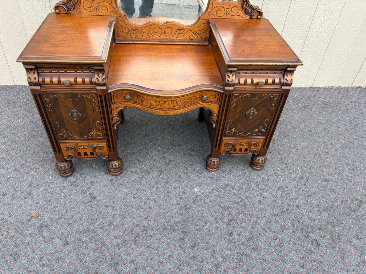 67896 Art Deco Vanity with Mirror, Intricate Carvings, Walnut Finish