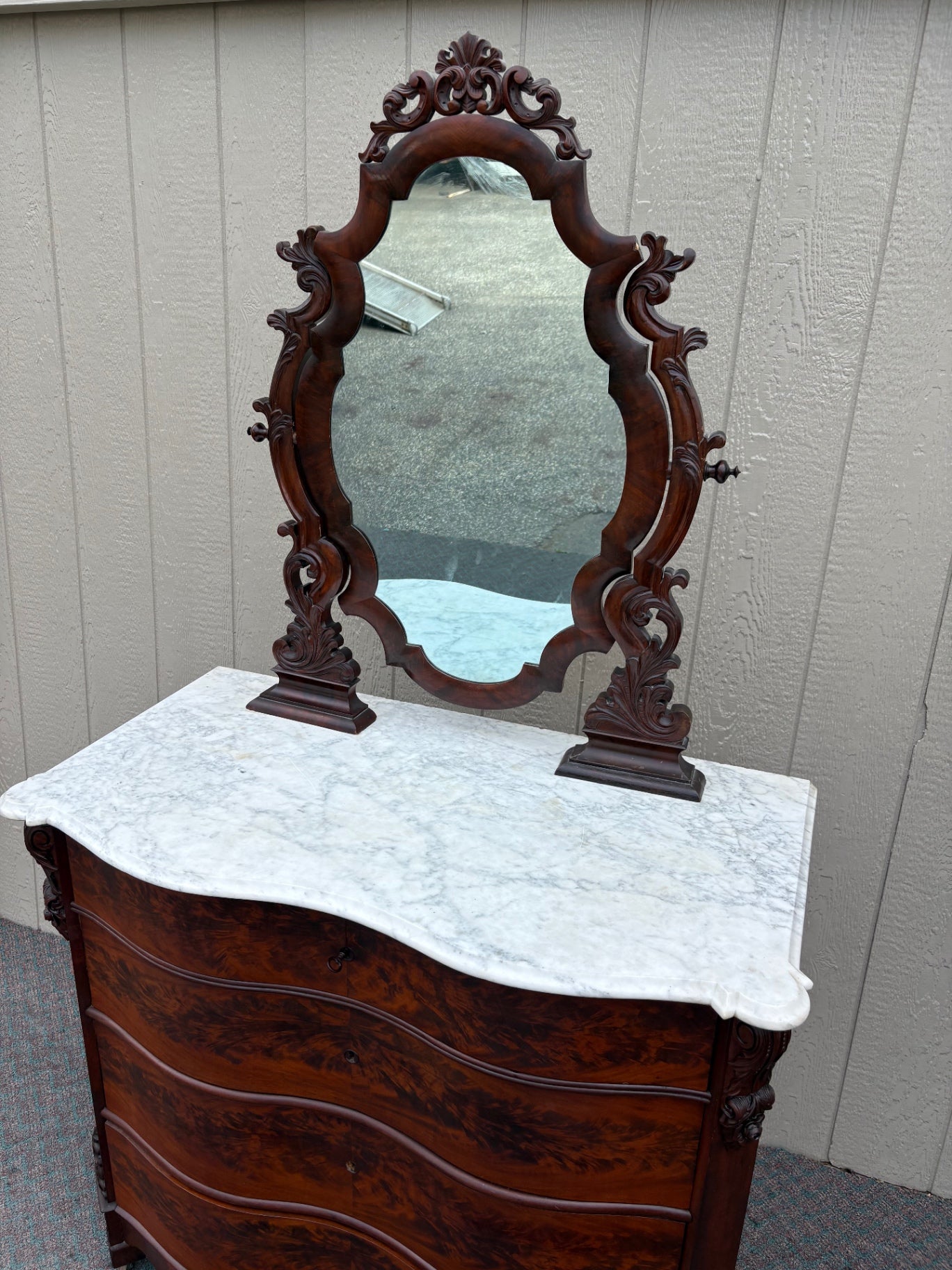 67937 Victorian Marble Top Dresser with Ornate Mirror and Carved Details