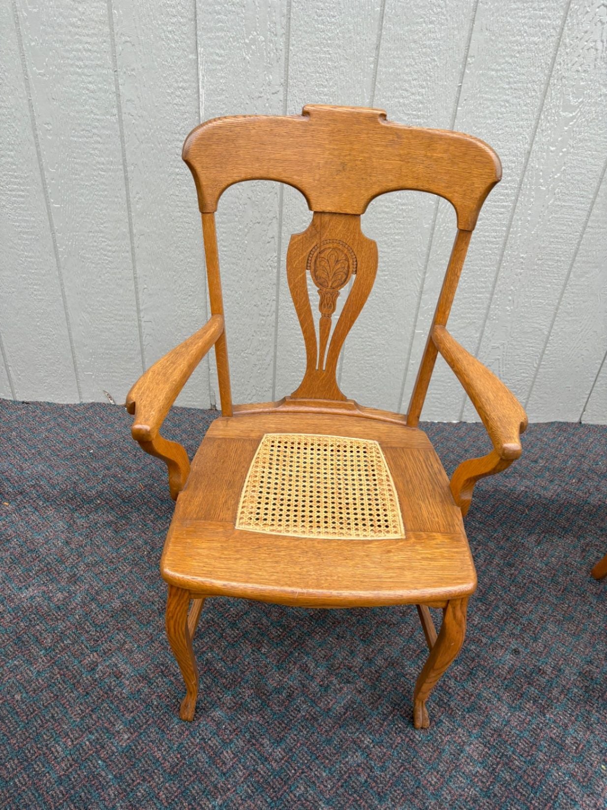 67360 Set of 6 Oak Dining Chairs, Queen Anne Style with Cane Seats