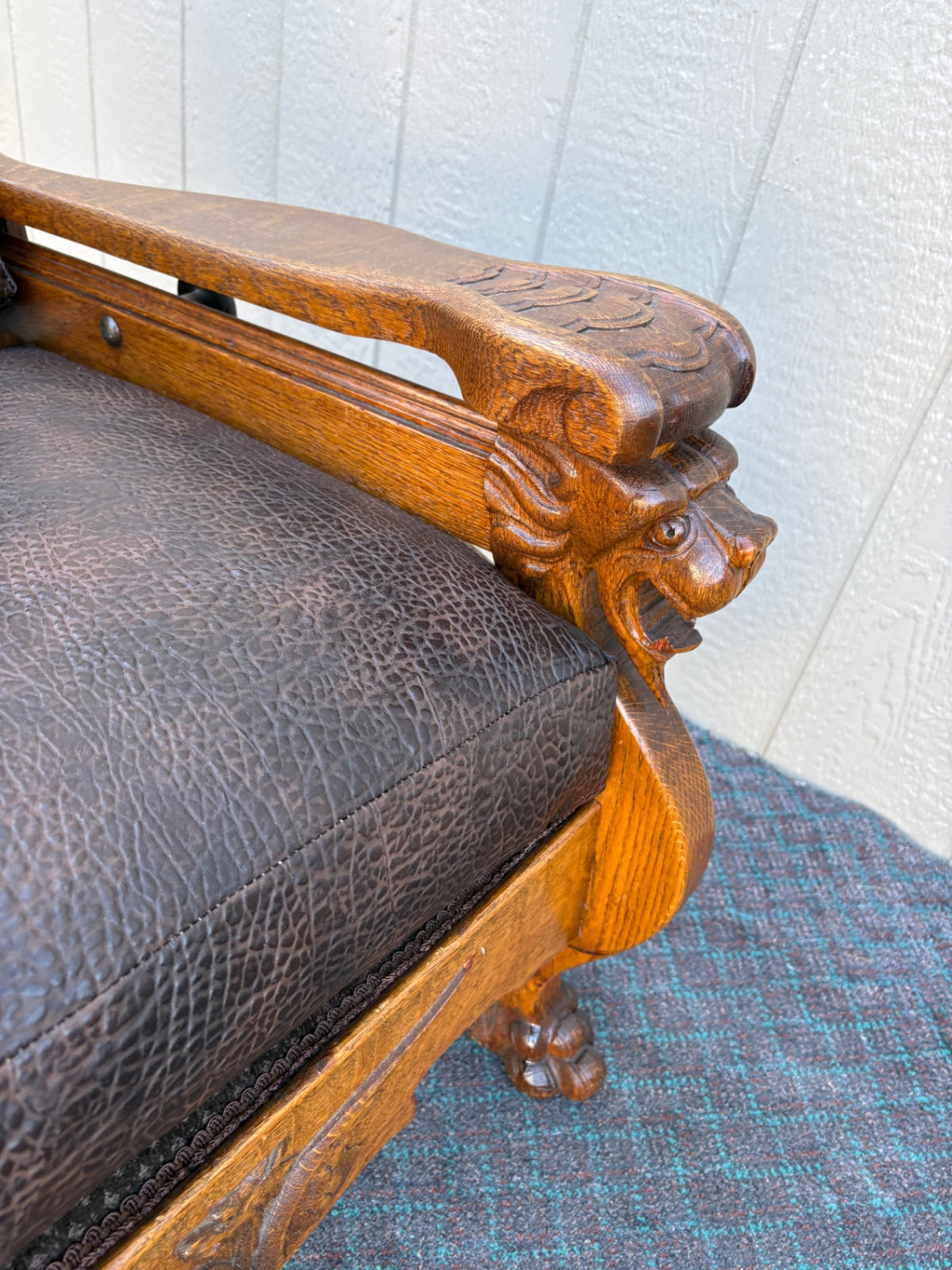 68007  Victorian Oak Morris Chair with Gryphon Carvings and Leather Upholstery