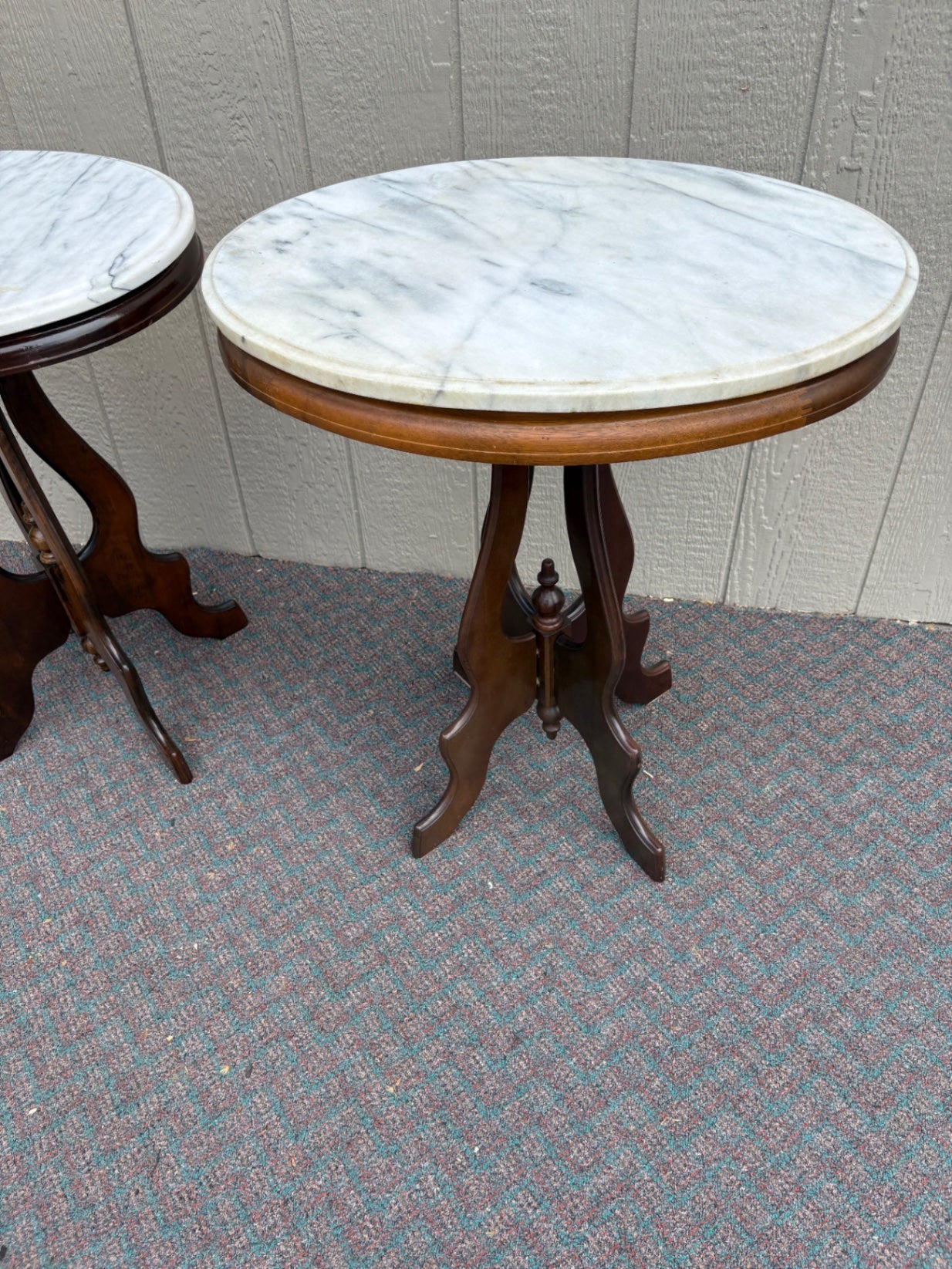 Pair of Victorian Marble Top Side Tables with Carved Bases