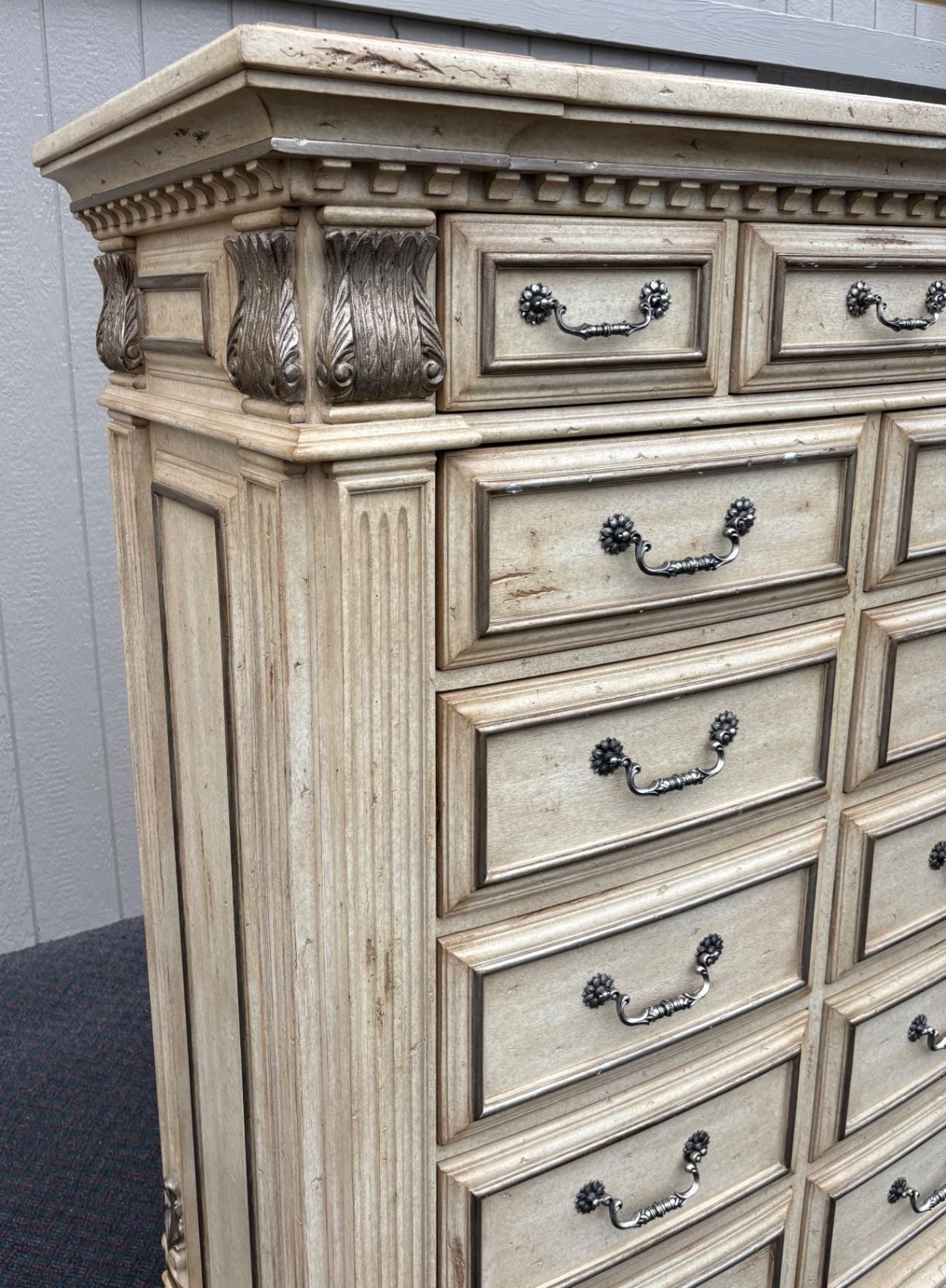 67503 Marge Carson Neoclassical High Chest in Distressed Cream Finish