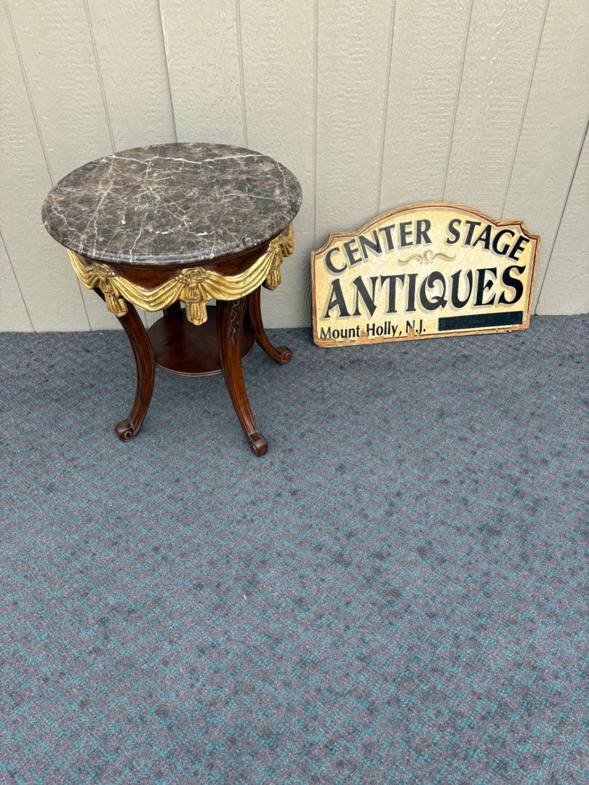 68032  Elegant Round Marble Top Side Table with Gilt Accents