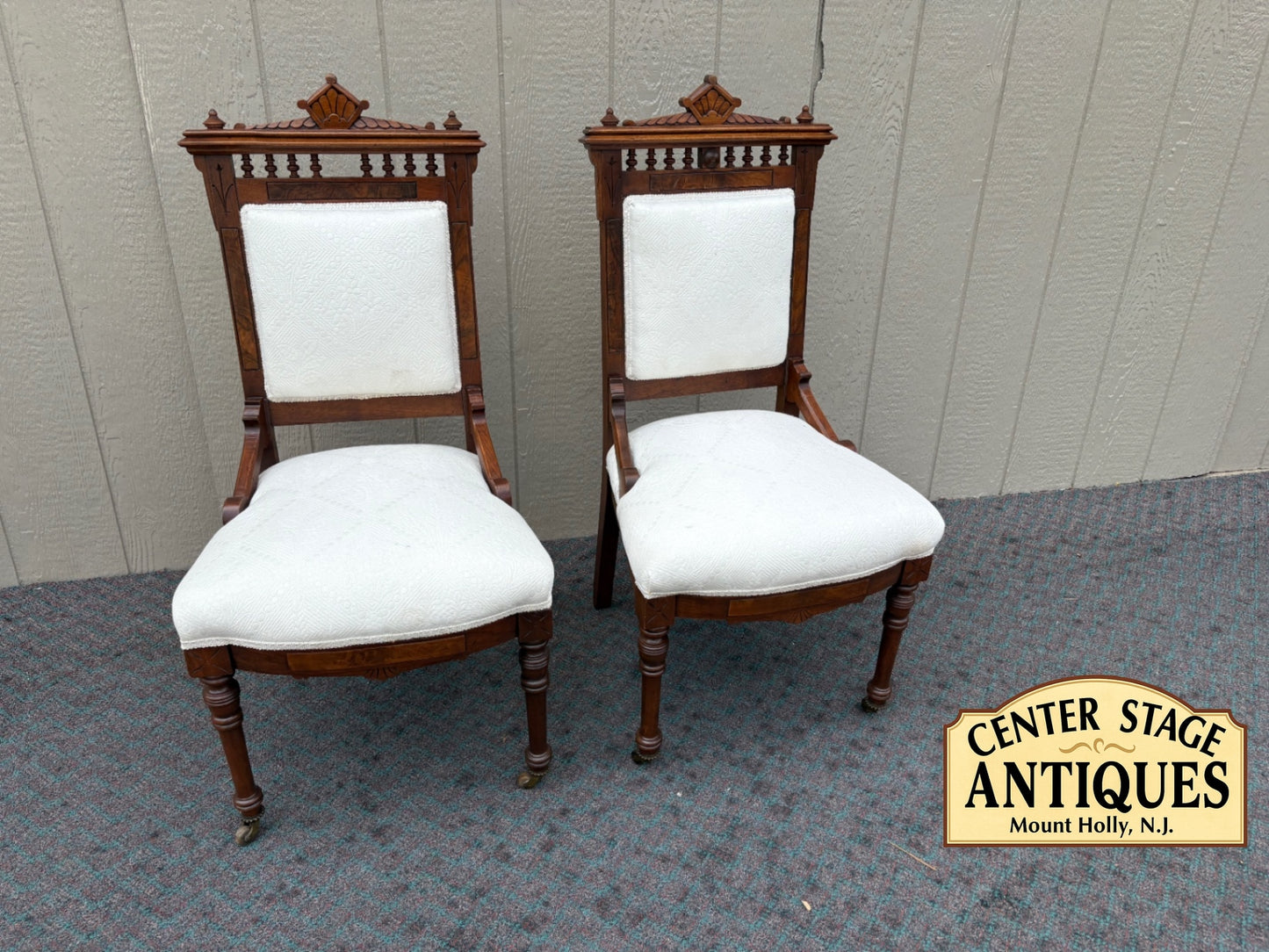 Pair of Victorian Eastlake Side Chairs with Carved Walnut Frames