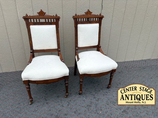 Pair of Victorian Eastlake Side Chairs with Carved Walnut Frames