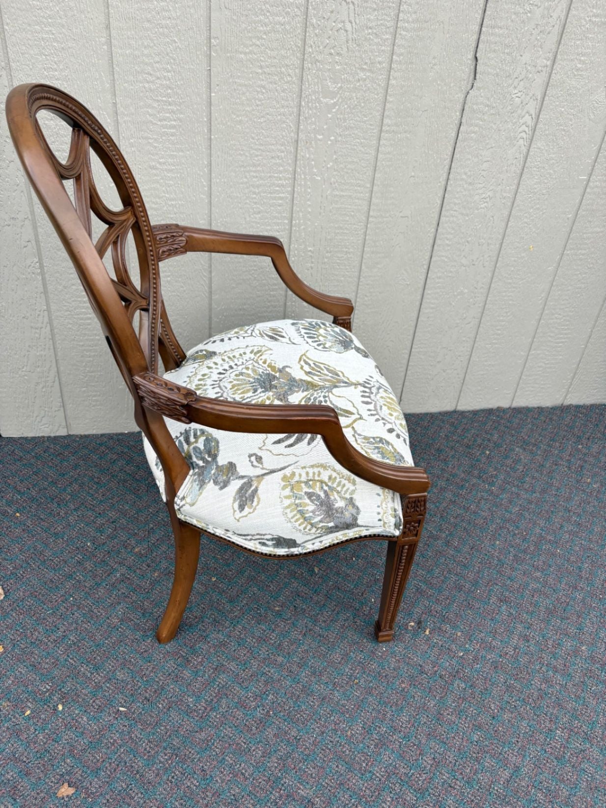67658 Ethan Allen Carved Armchair with Floral Upholstery