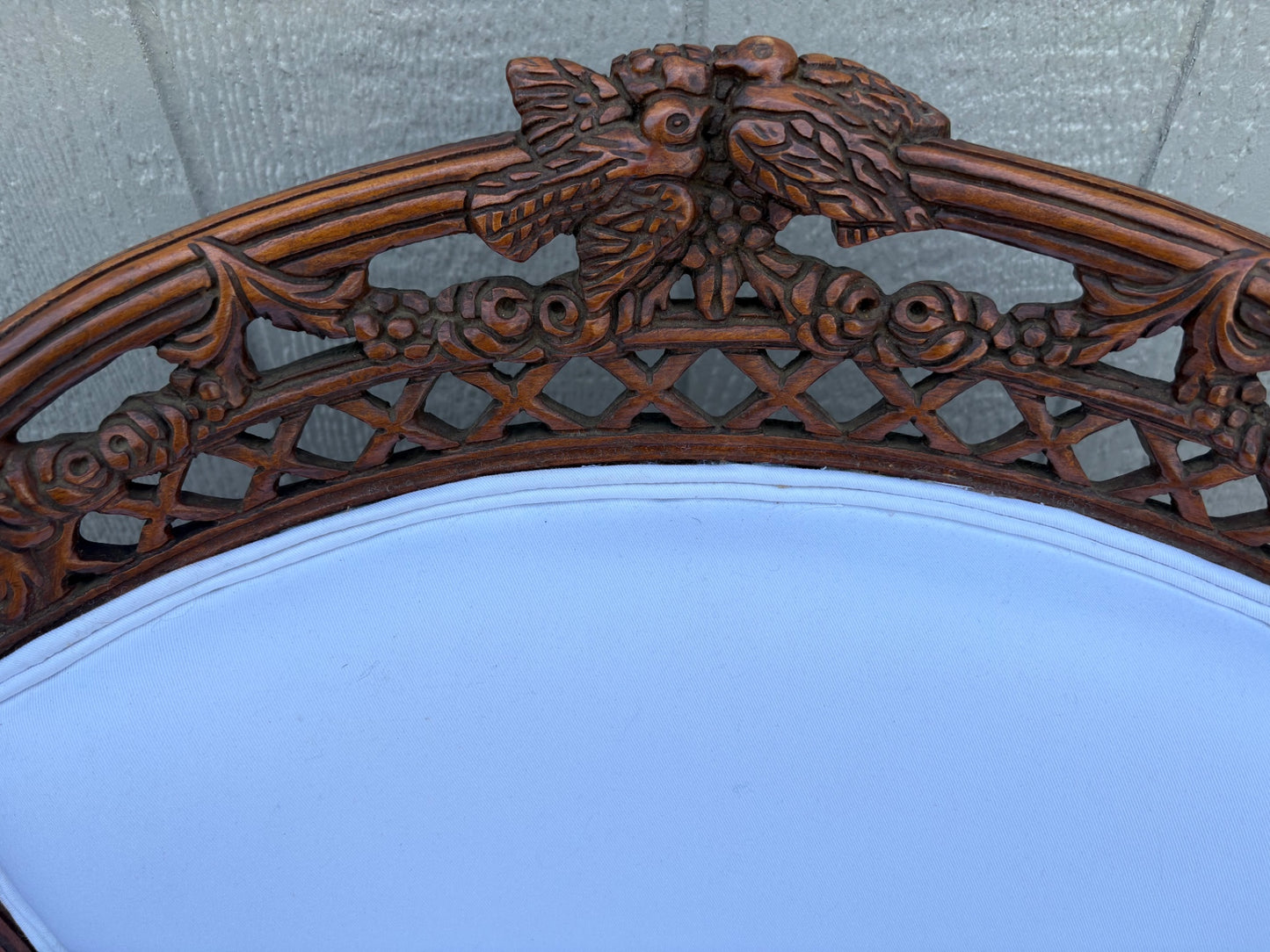 67850 Victorian Carved Wood Settee with Bird Motif and Upholstery