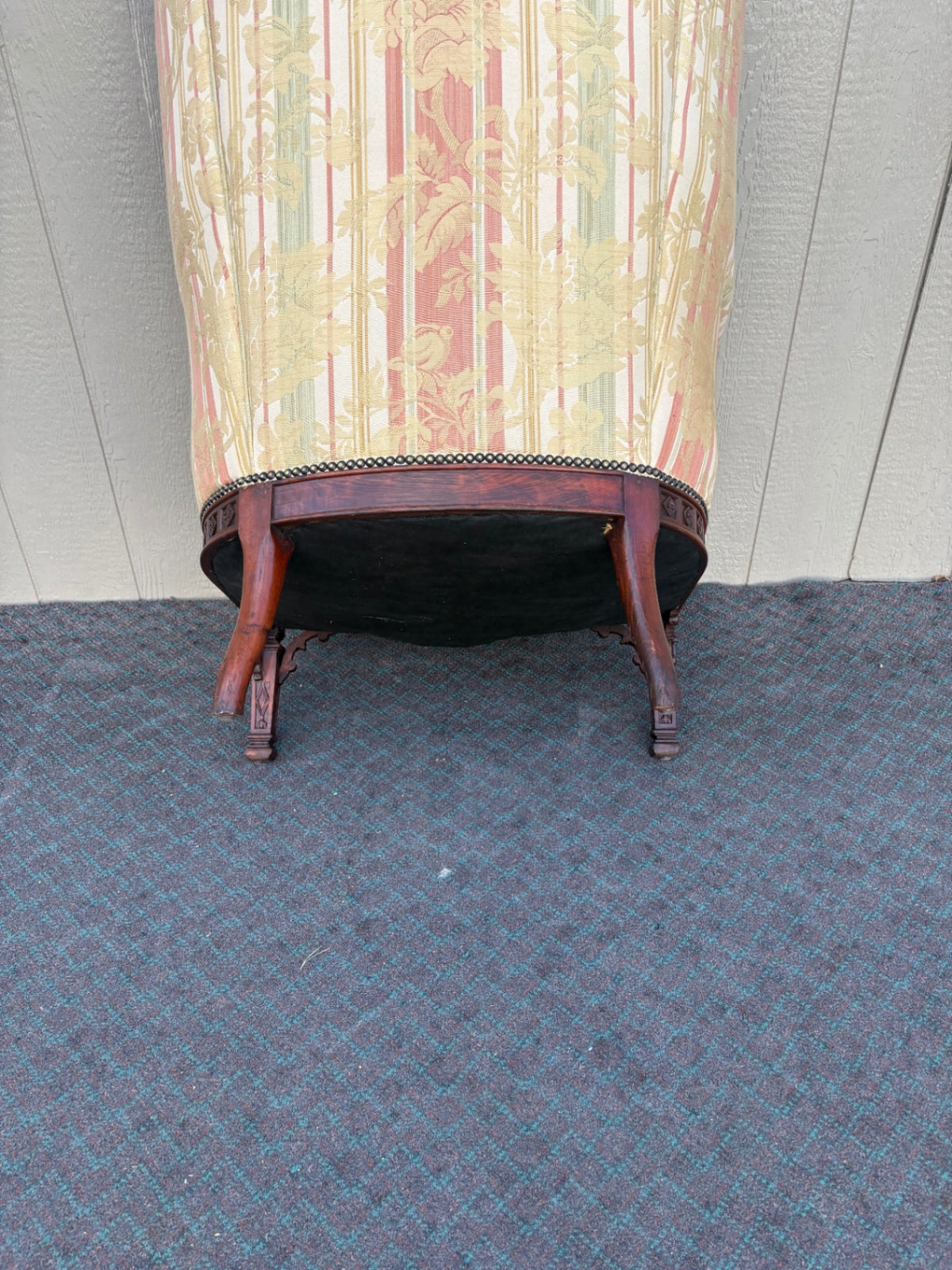 68209  1940s Carved Tufted Armchair with Floral Upholstery