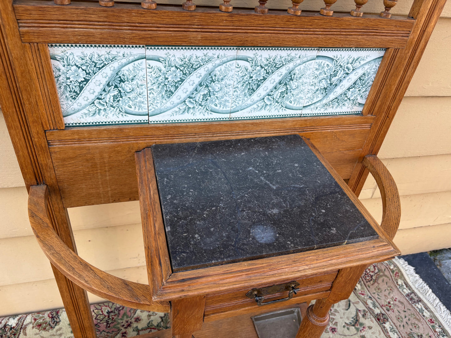 67781 Victorian Oak Hall Tree with Mirror and Marble Top Stand