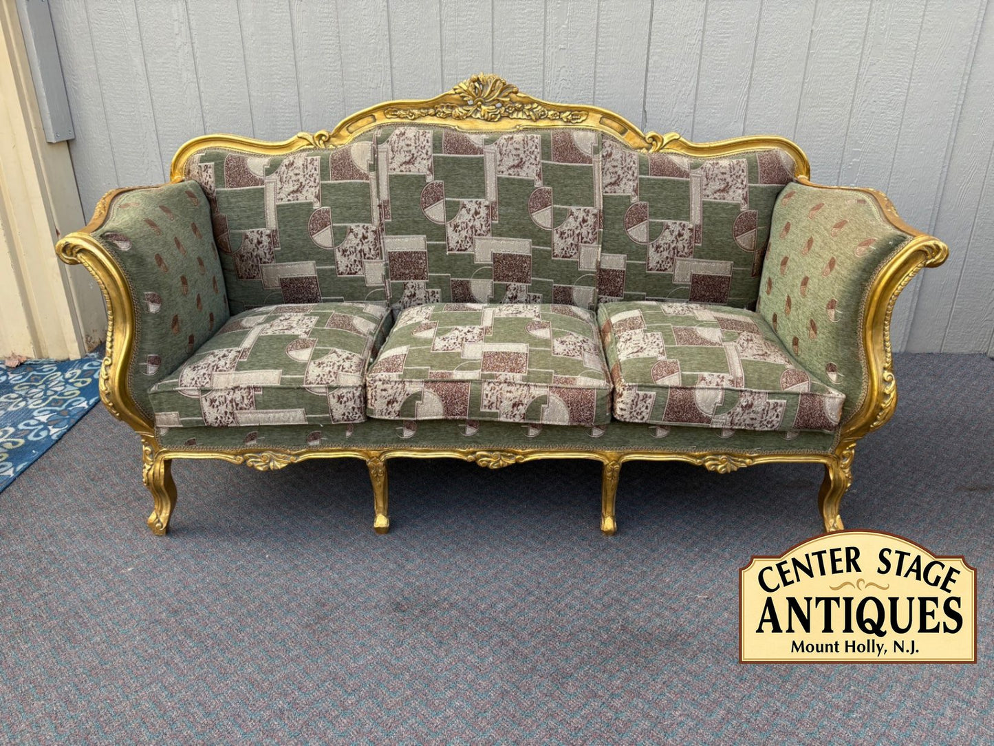 67517 Elegant Vintage French Provincial Gold Gilt Sofa with Tapestry Upholstery