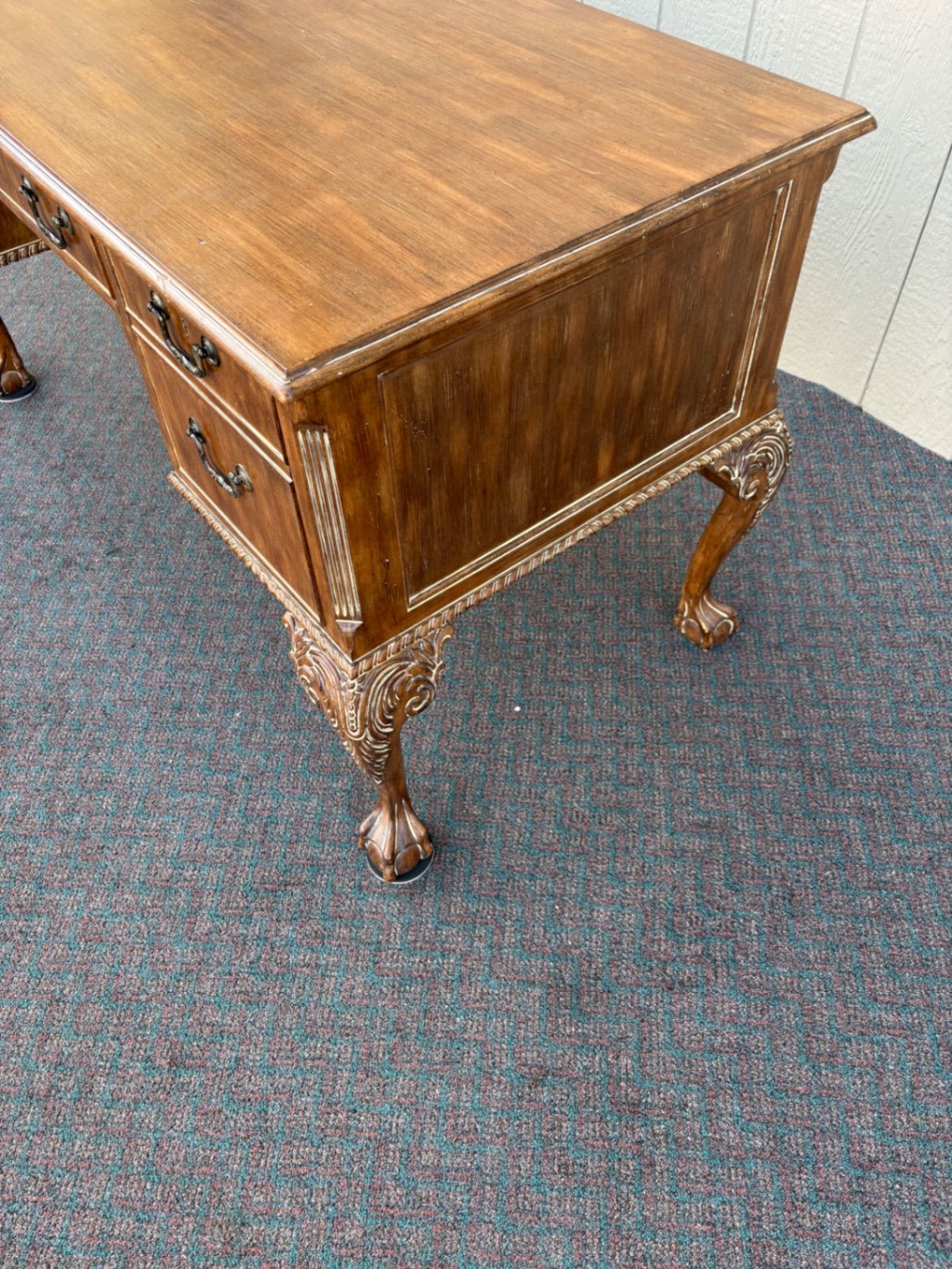 67389 Vintage Mahogany Writing Desk with Claw Feet and Brass Handles