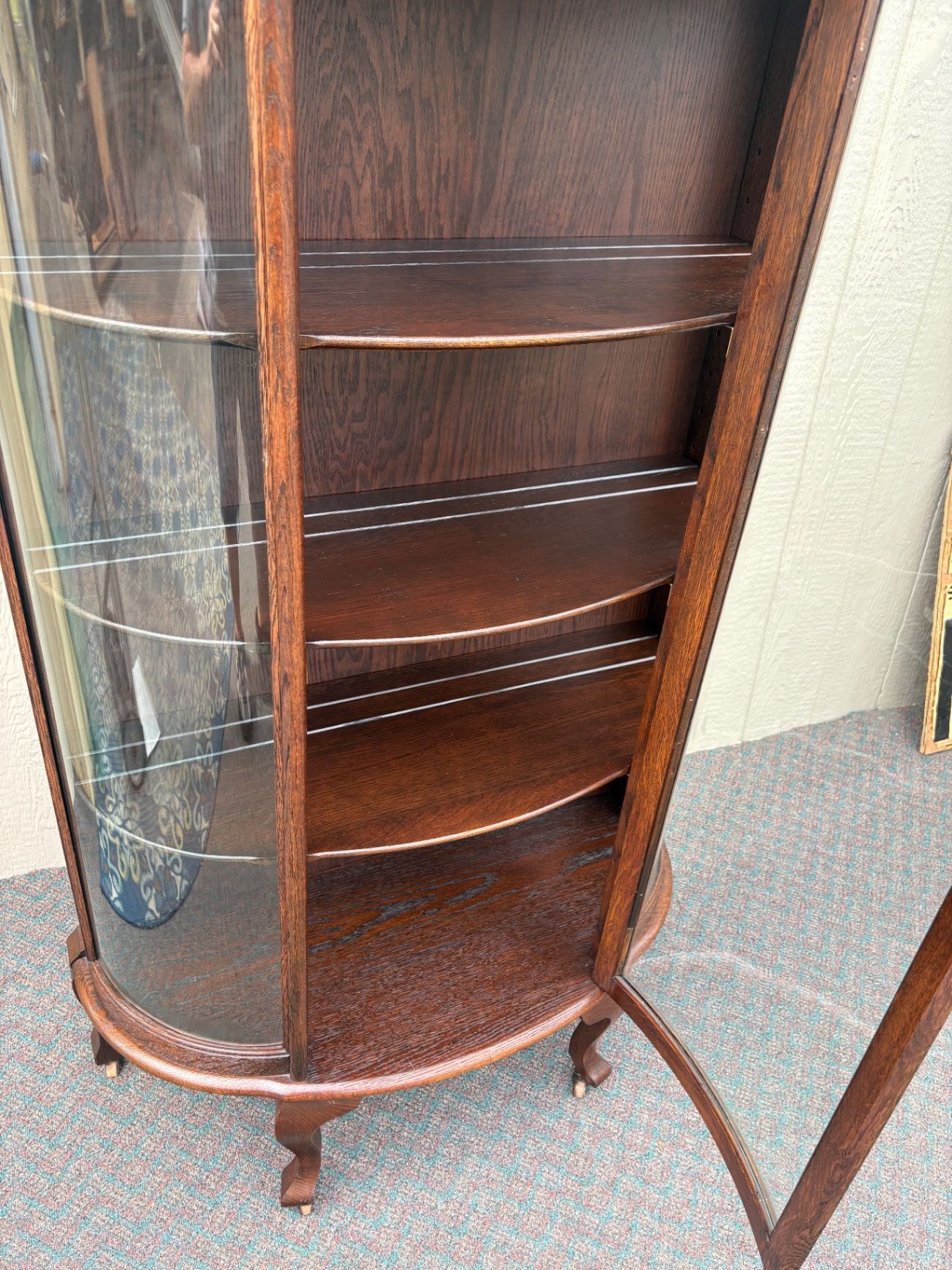 67680  Antique Bowed Oak China Cabinet with Glass Door Display
