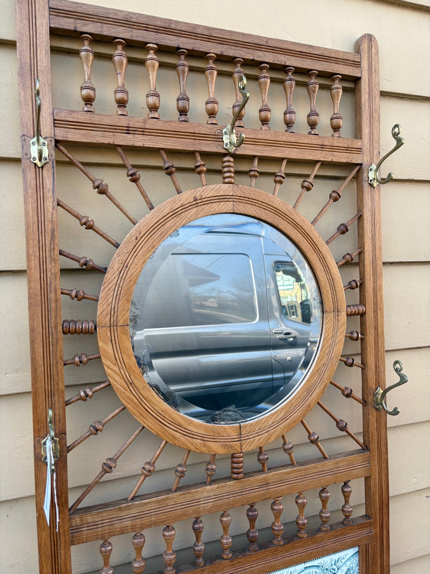 67781 Victorian Oak Hall Tree with Mirror and Marble Top Stand