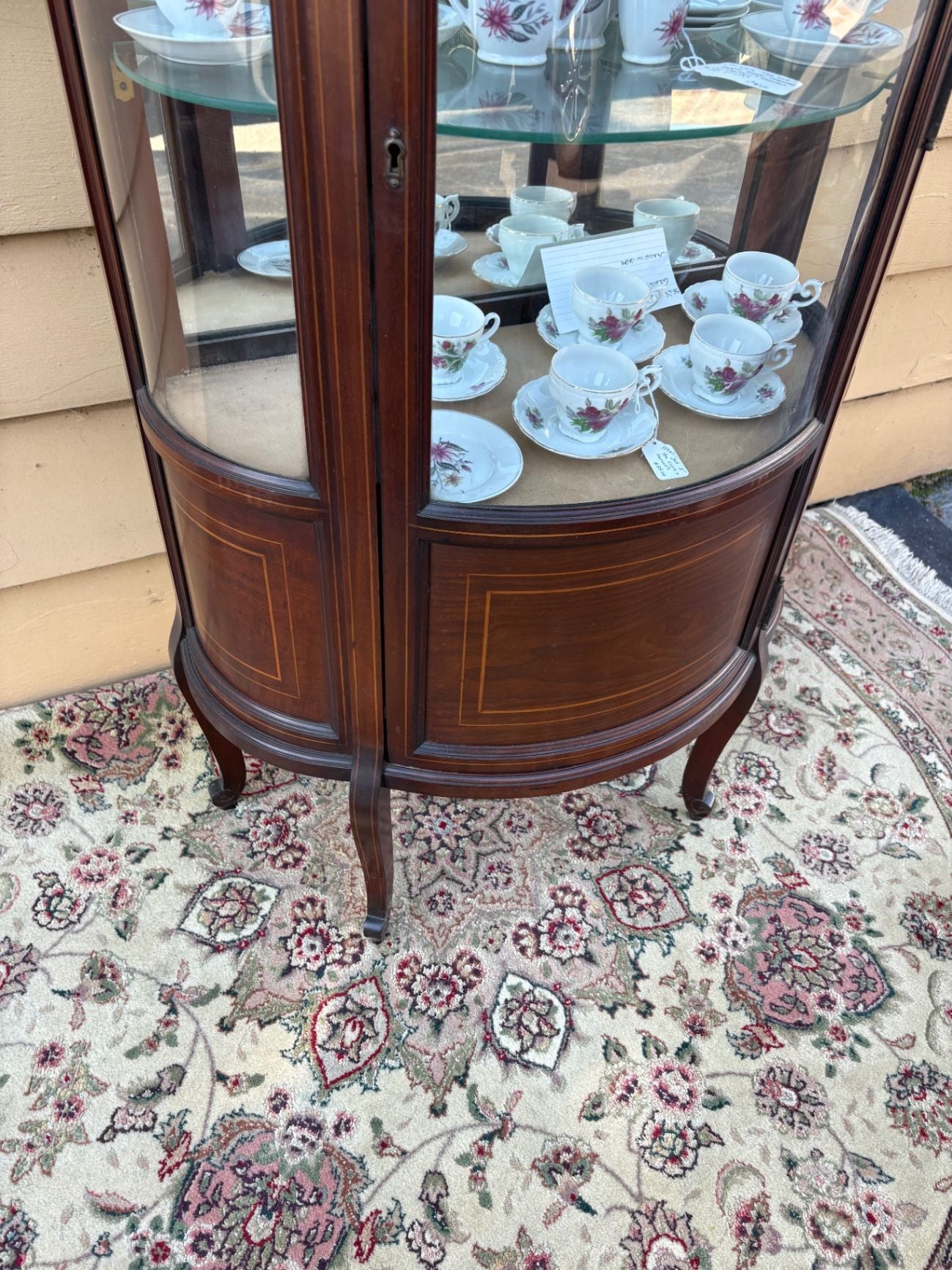 65301 Vintage Bow Front Curio Cabinet with Inlaid Mahogany Design