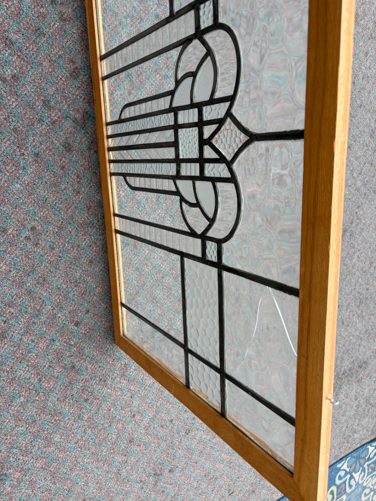 67907 Vintage Art Deco Stained Glass Window with Wood Frame