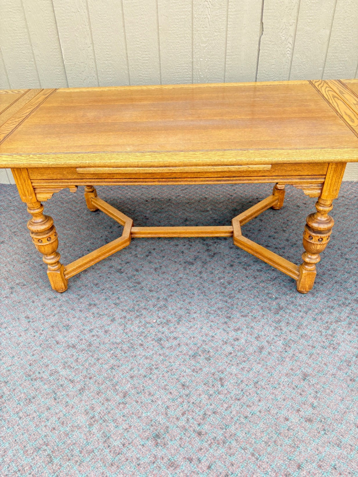 Oak Refractory Dining Table with Six Carved Chairs Set