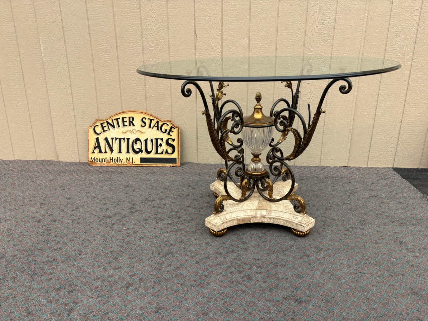 65447 Maitland Smith Glass Top Table with Ornate Metal Base