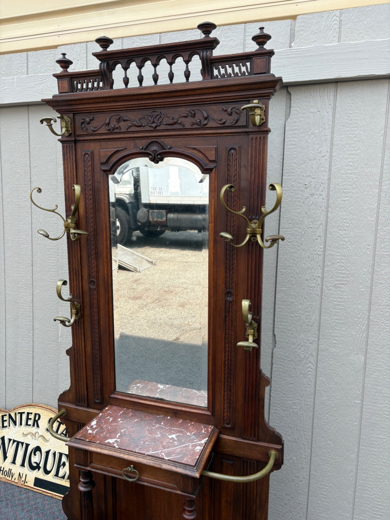 67570 Victorian Hall Tree Hatrack with Mirror and Marble Shelf