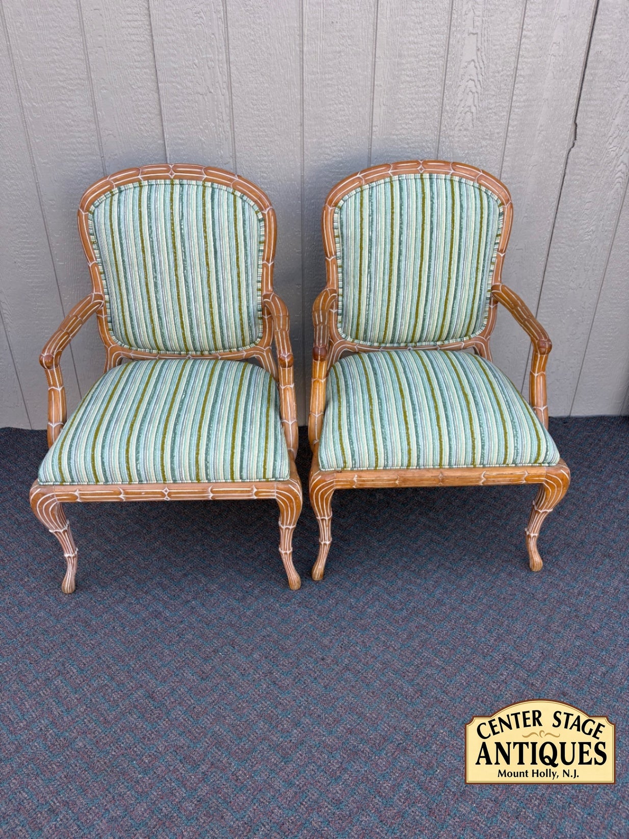67613  Pair of Vintage Rattan Armchairs with Striped Upholstery