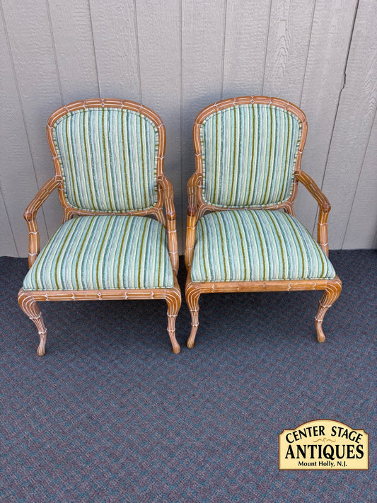 67613  Pair of Vintage Rattan Armchairs with Striped Upholstery