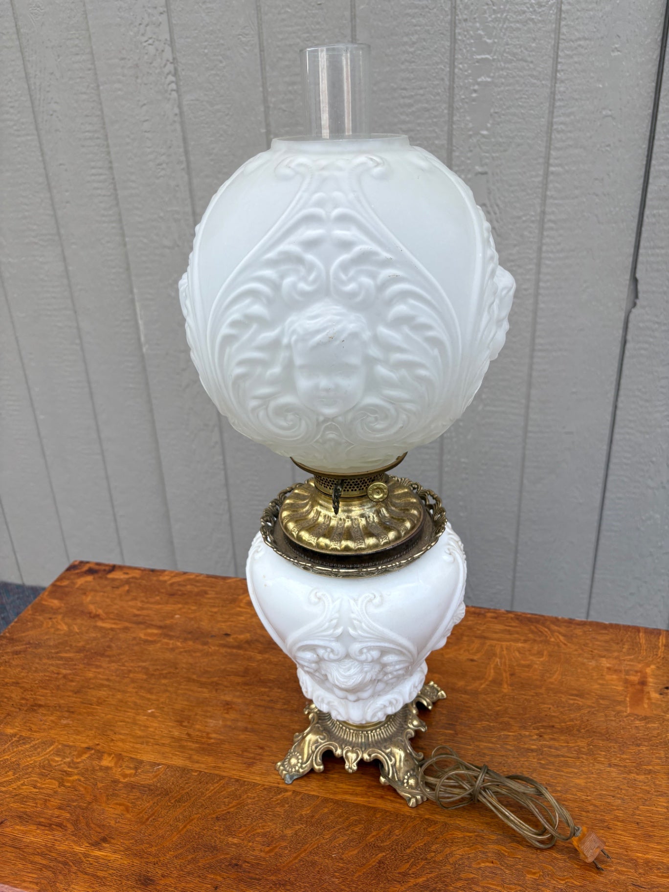 67961  Victorian Cherub Glass Lamp with Brass Base, 27 Inches Tall