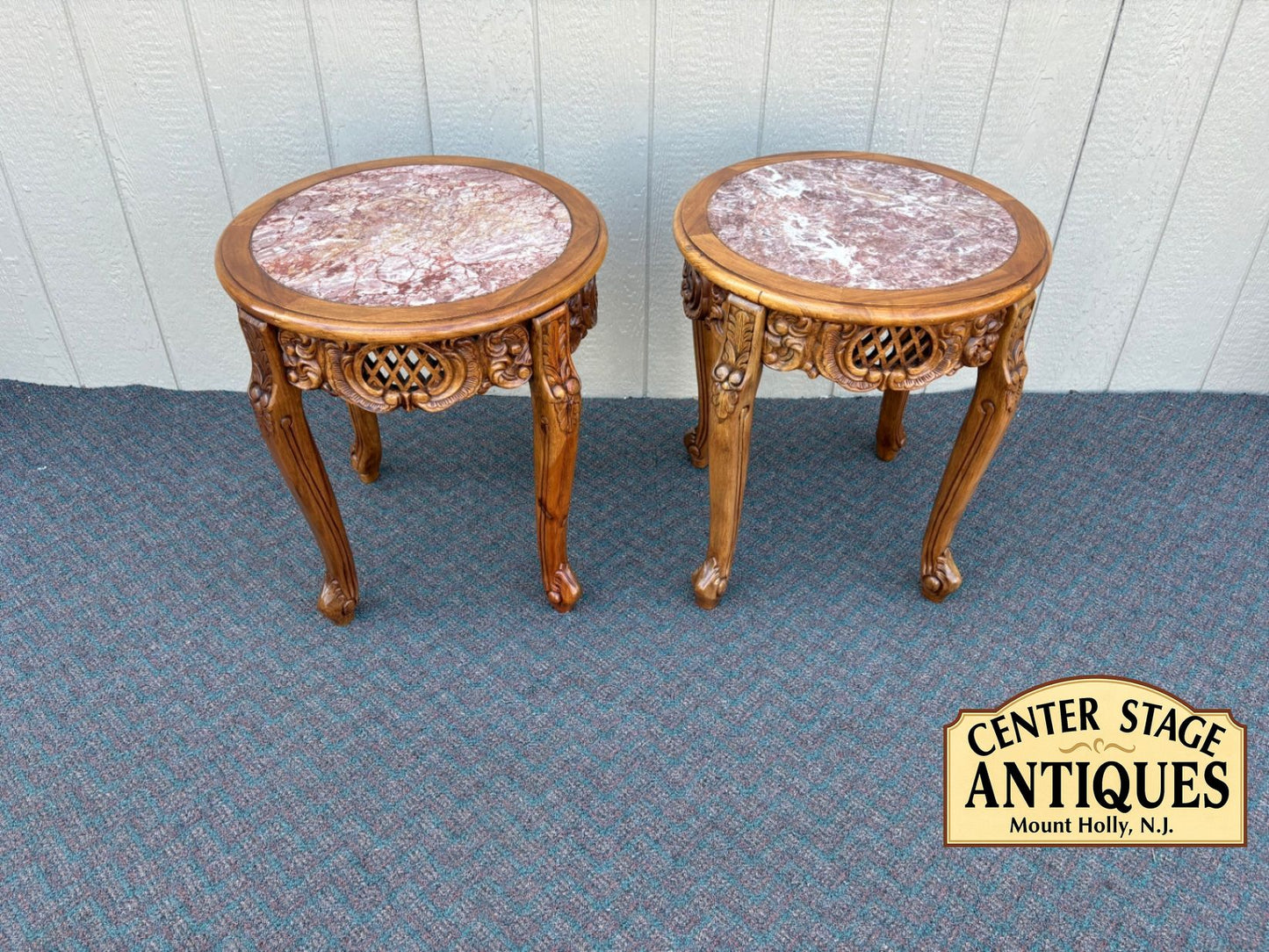 67604 Pair of Ornate Asian  Carved Wooden Tables with Marble Tops