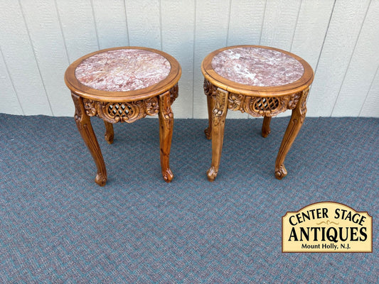 67604 Pair of Ornate Asian  Carved Wooden Tables with Marble Tops