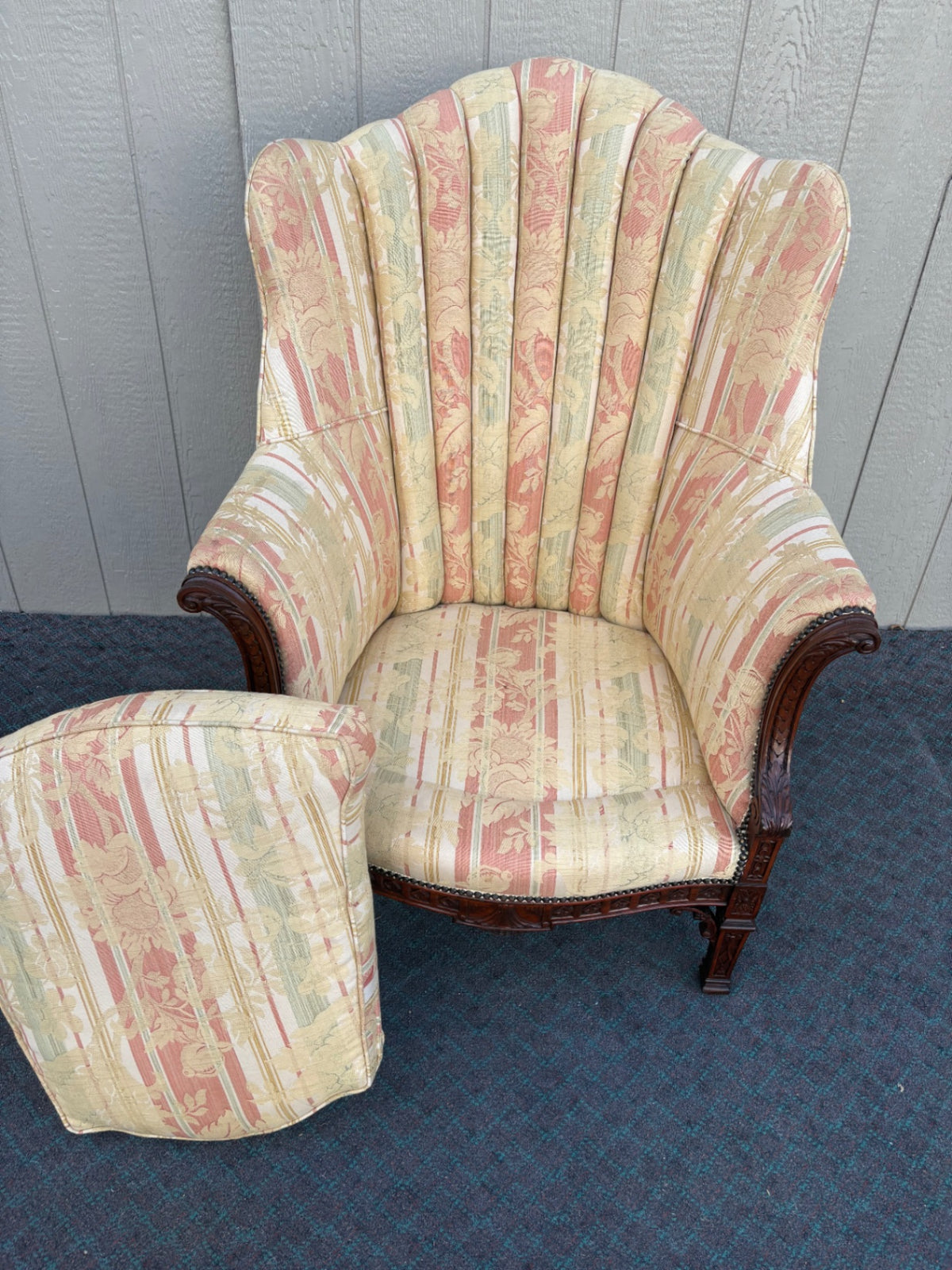 68209  1940s Carved Tufted Armchair with Floral Upholstery