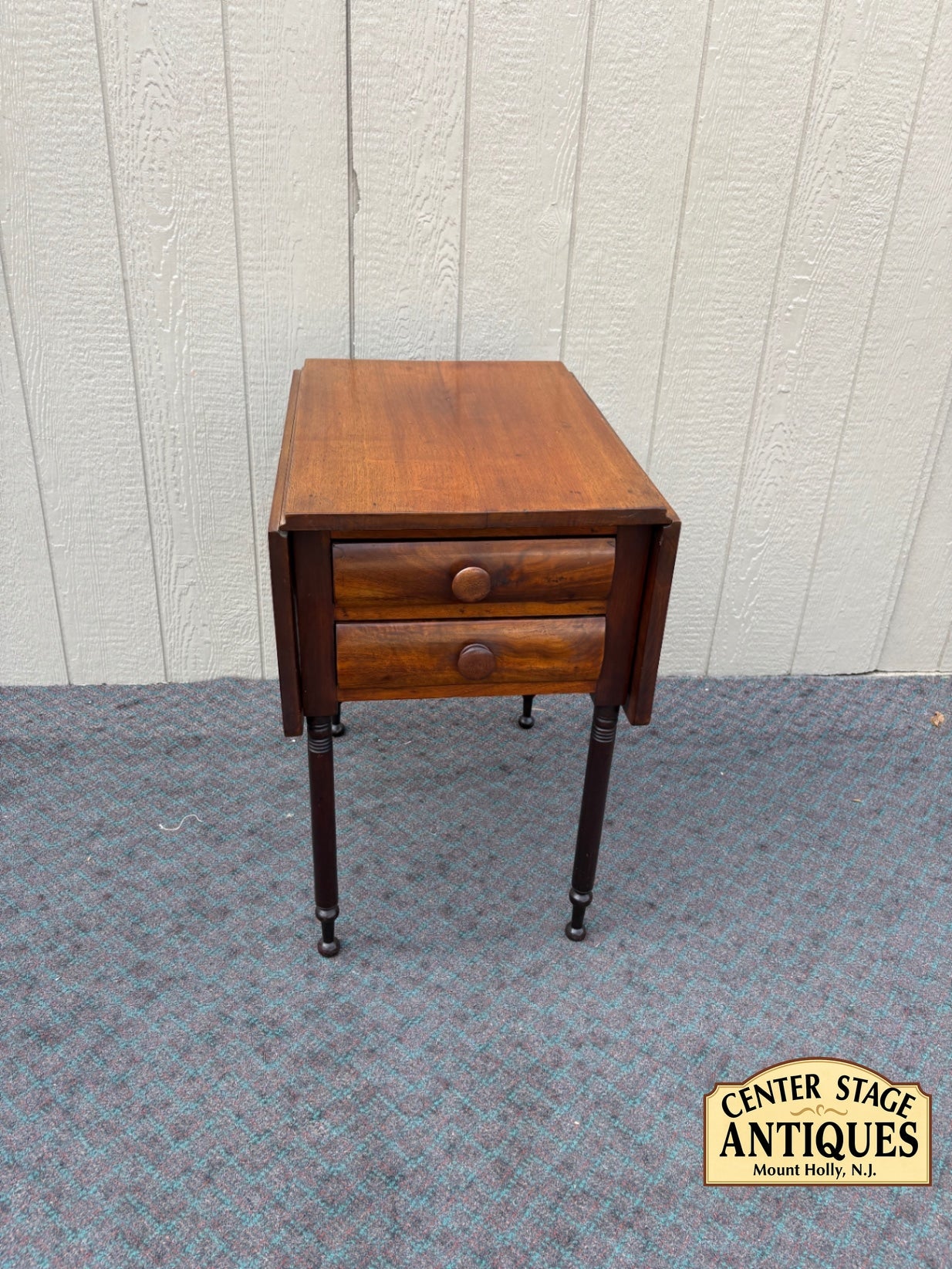 68085  Antique Drop Leaf Side Table with Drawers, Solid Wood