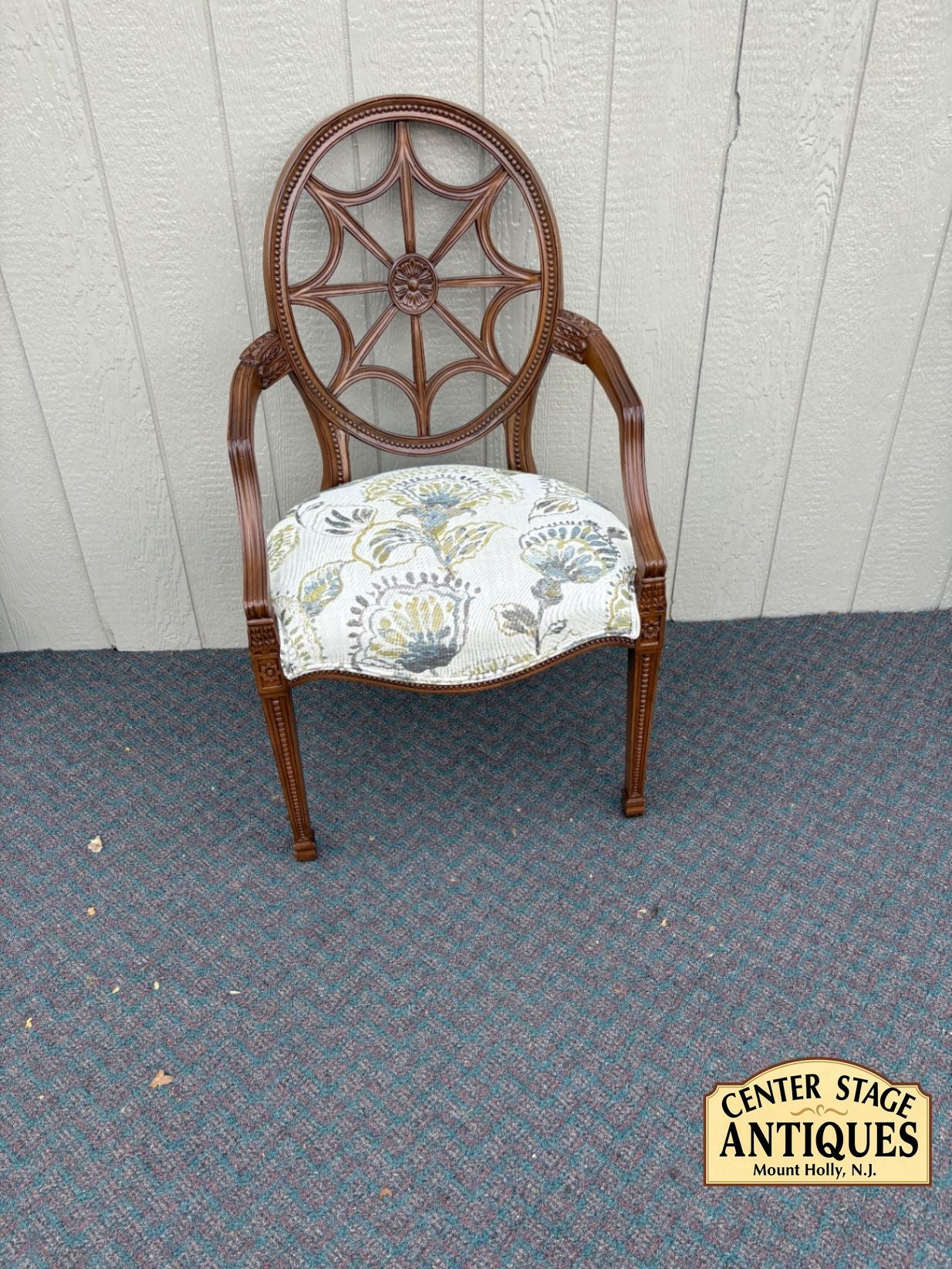 67658 Ethan Allen Carved Armchair with Floral Upholstery