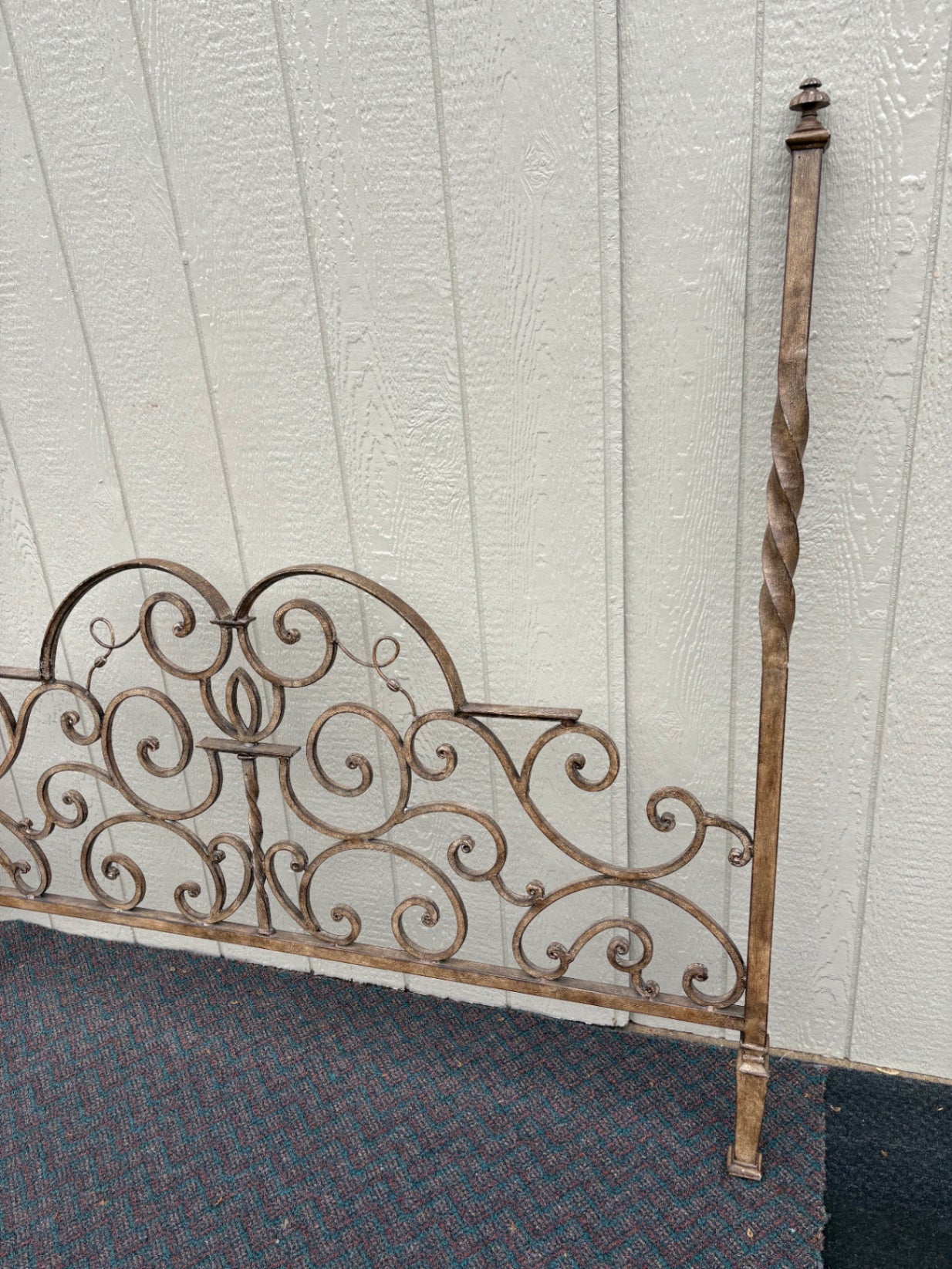 67711  Ornate Iron Scrollwork Queen Bed Frame with Twisted Posts