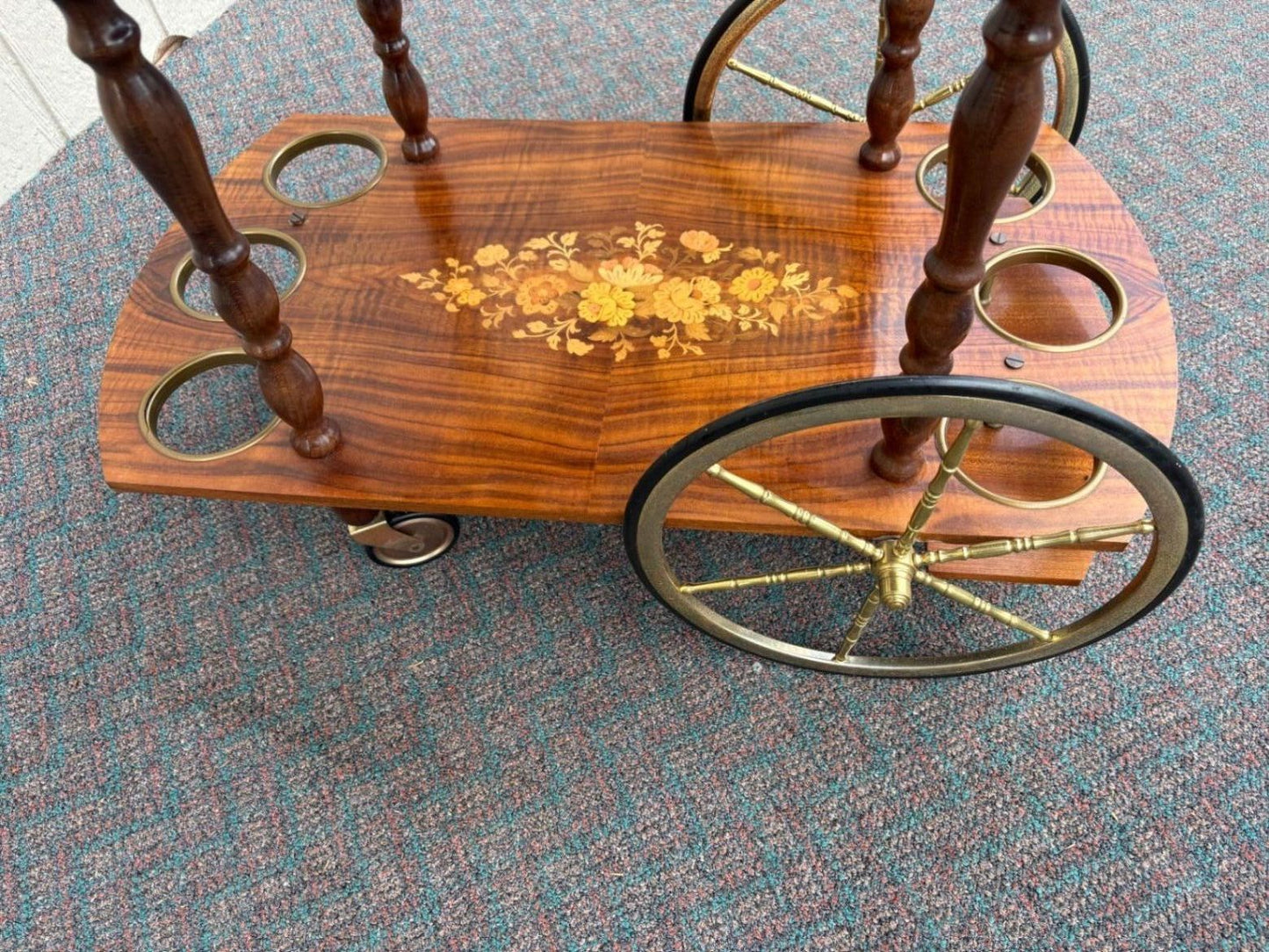 67588  Italian Inlaid Wood Tea Cart with Floral Marquetry and Brass Accents