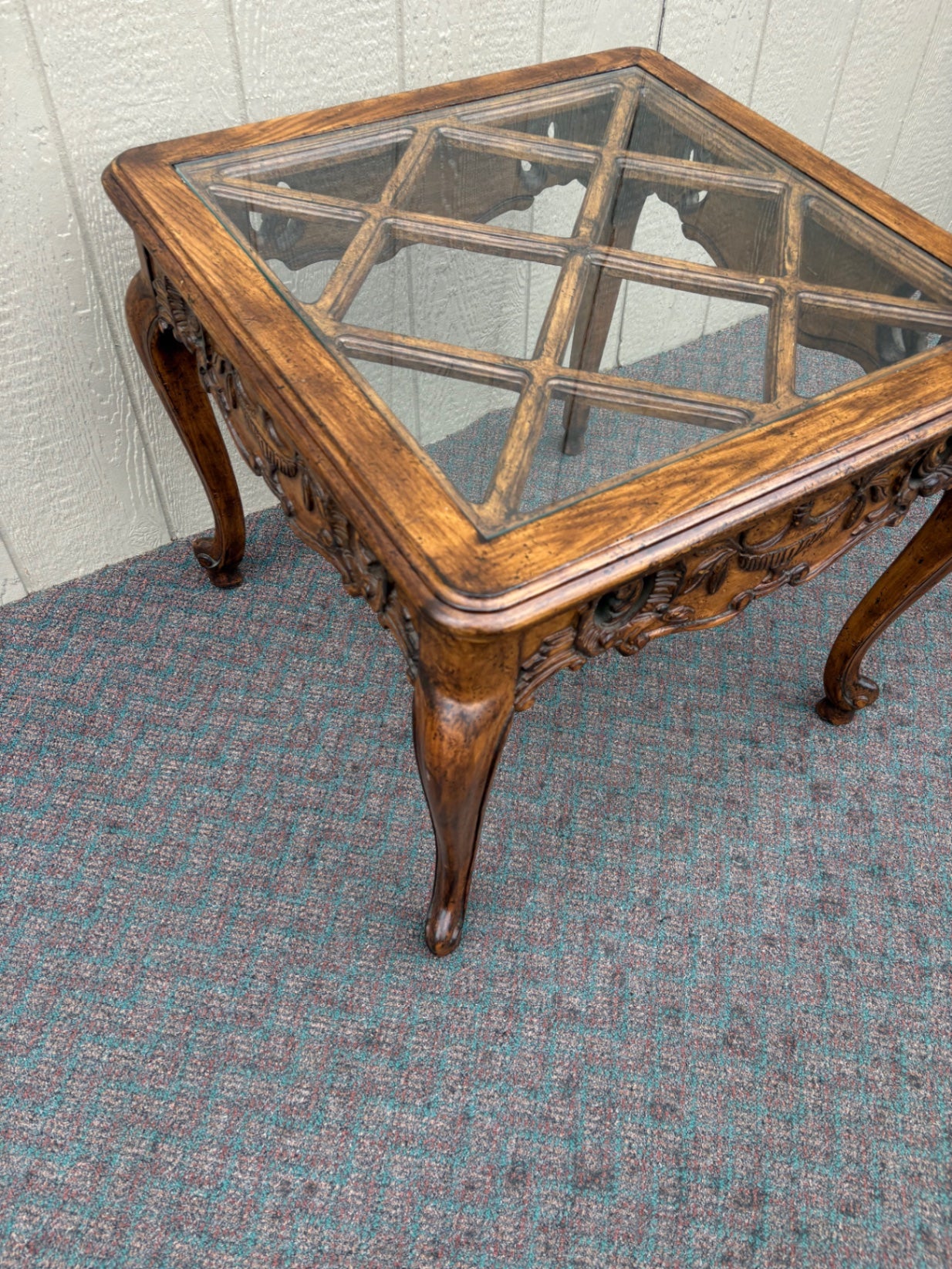 67879 Vintage French Provincial Glass Top End Table with Carved Details