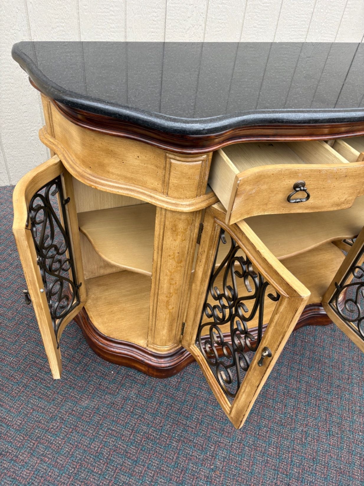 67546 Elegant Server Cabinet with Granite Top and Wrought Iron Doors