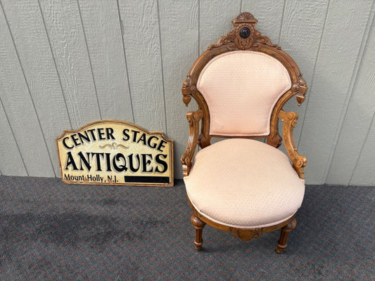 67455  Victorian Carved Walnut Parlor Chair with Pink Upholstery