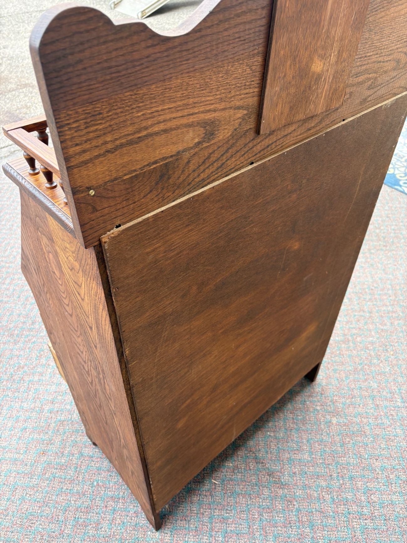 67561 Antique Oak Slant Front Desk with Mirror and Carved Details