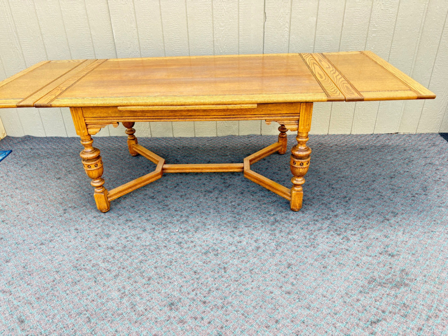Oak Refractory Dining Table with Six Carved Chairs Set