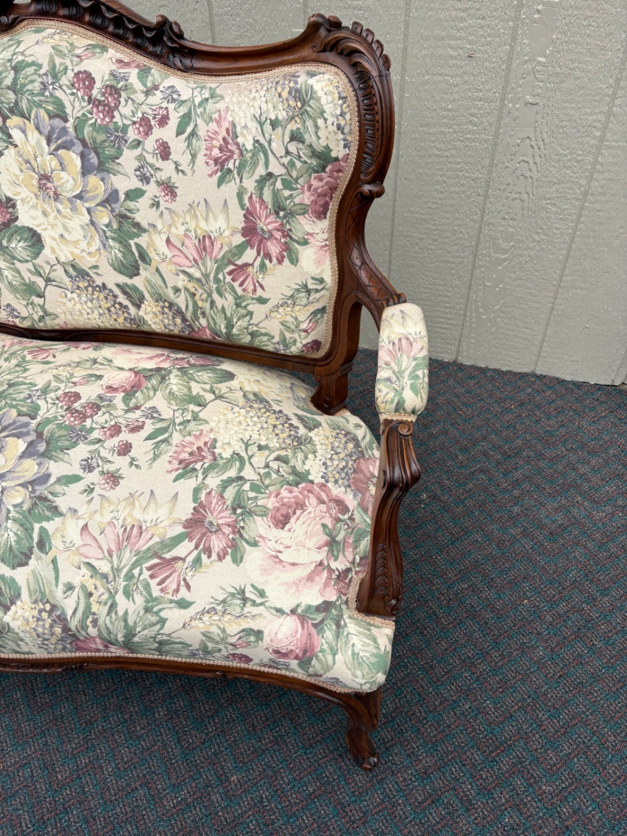 67710 Antique French Louis XV Style Loveseat with Floral Upholstery