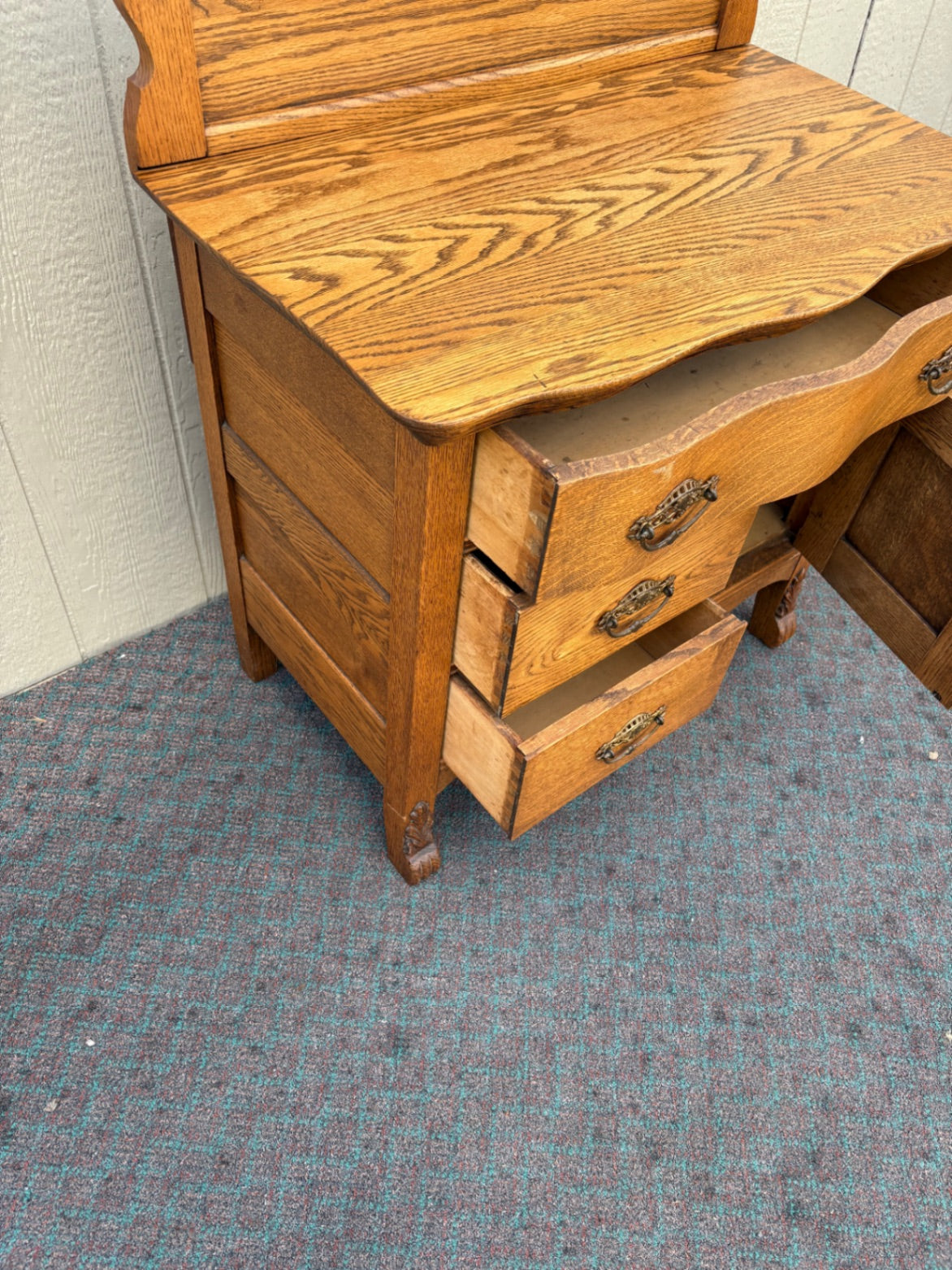 68035 Victorian Oak Washstand with Towel Rail and Carved Details