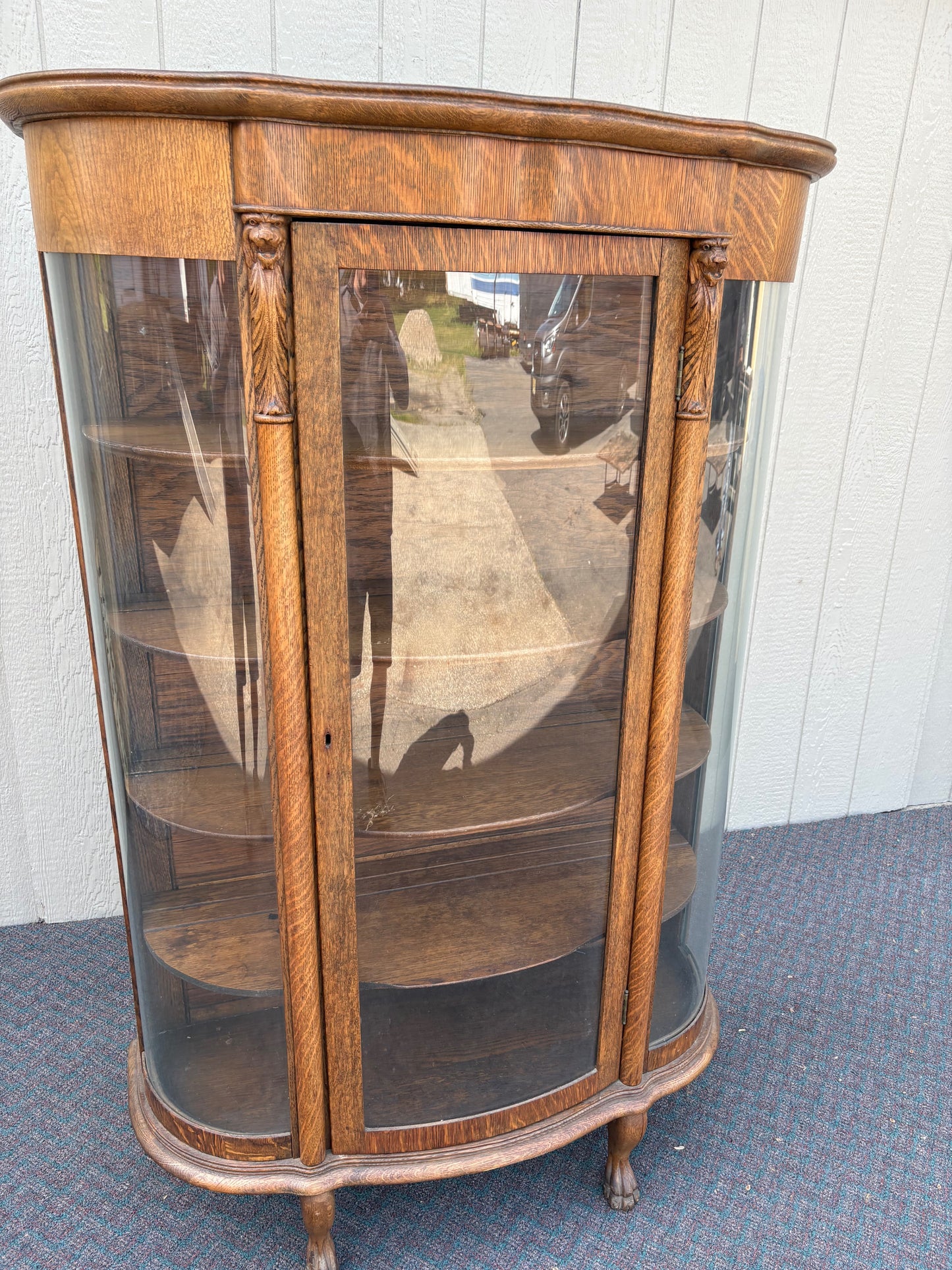 67718 Antique Oak Lion Head China Cabinet with Curved Glass Doors
