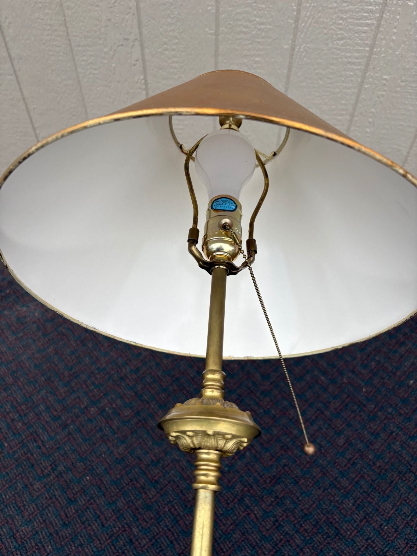 67509  Vintage Brass Floor Lamp with Gold Shade and Ornate Base