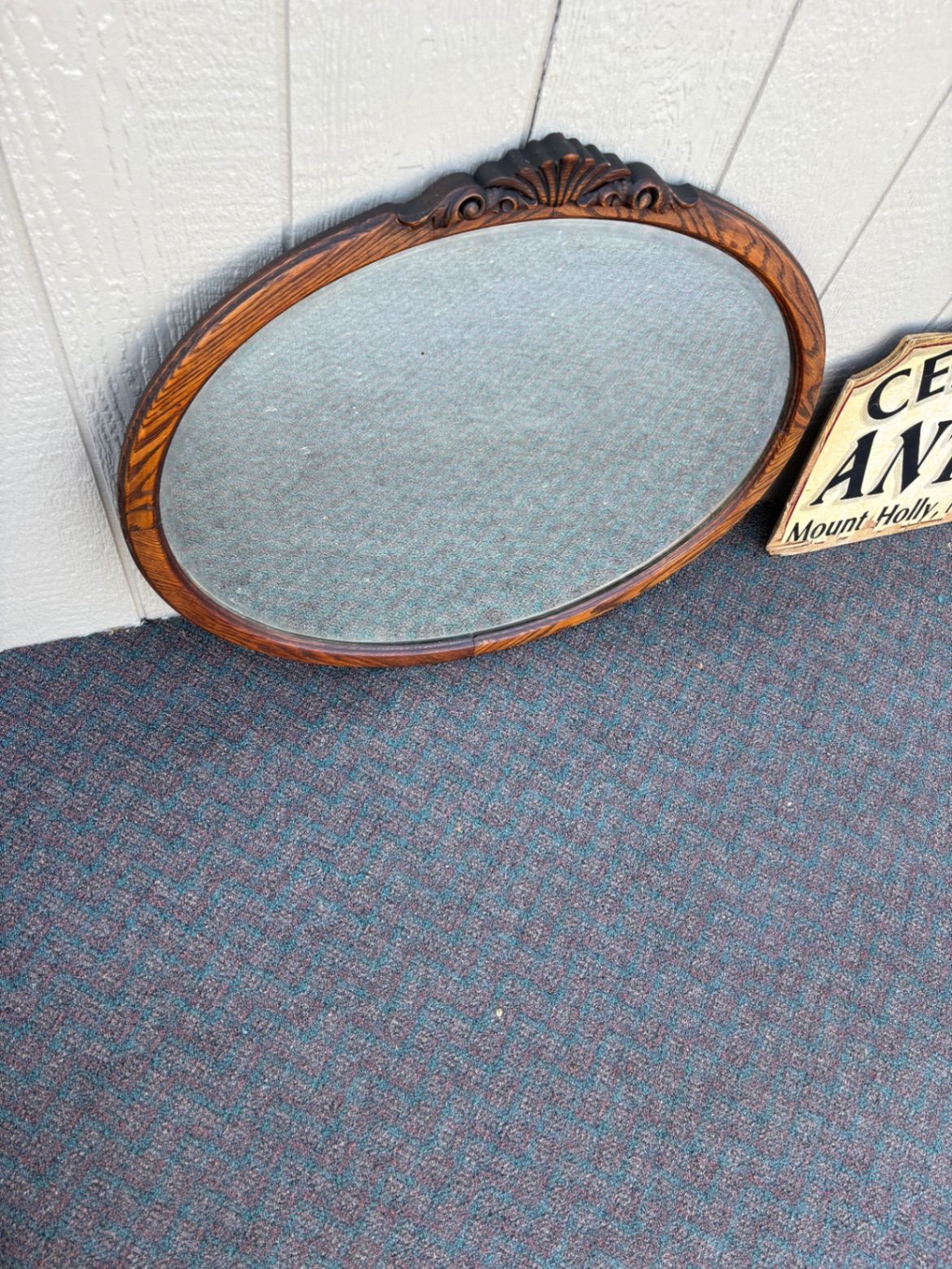 67652 Antique Victorian Oval Oak Beveled Wall Mirror with Carved Detail