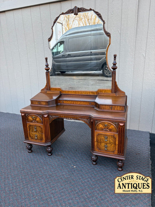 67476  Antique Walnut Vanity with Mirror, Ornate Carving and Drawers
