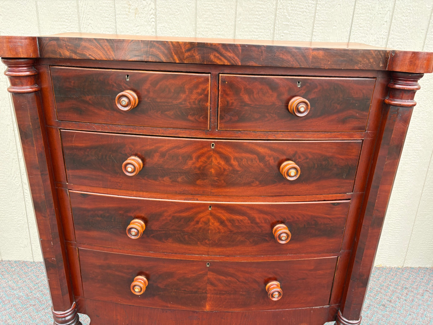 Antique Empire Chest with Flame Mahogany Veneer and Turned Columns