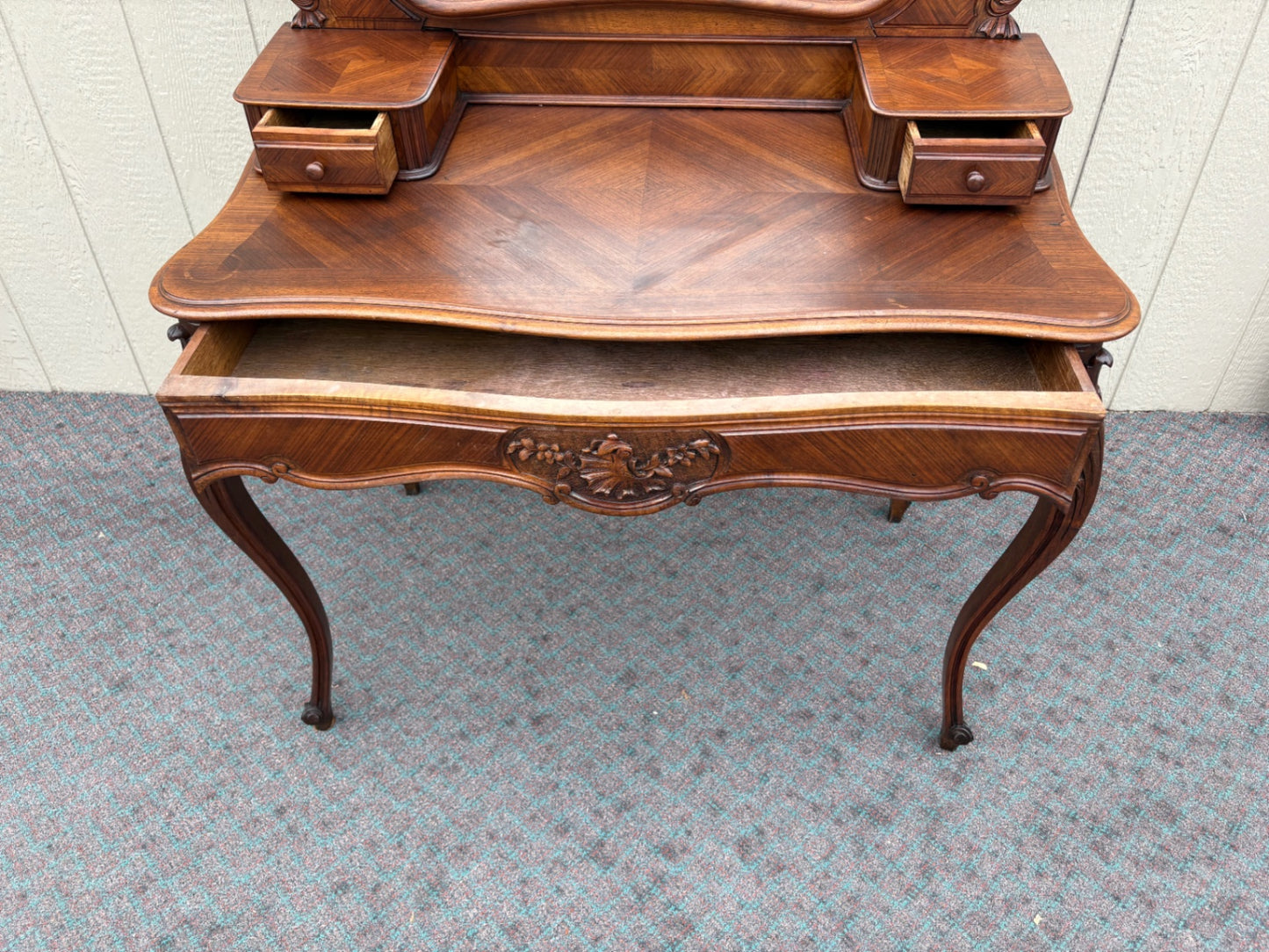 68043 Elegant French Rococo Vanity with Mirror in Rich Walnut