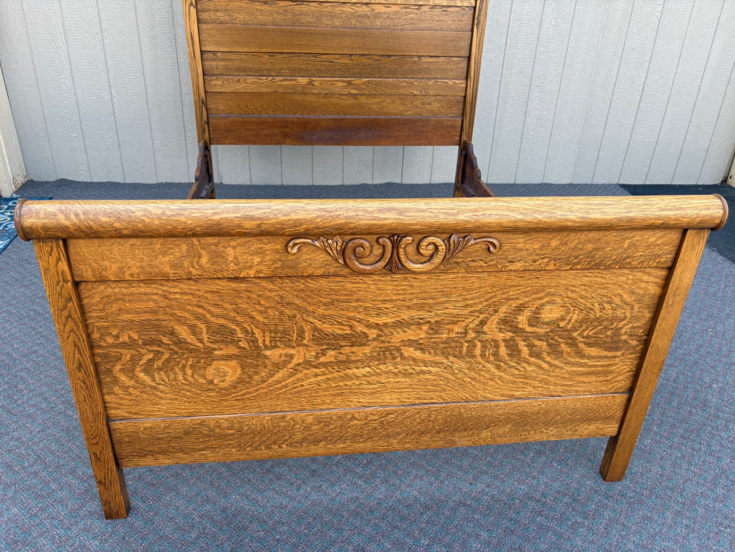 67793 Victorian Oak Full Size Bed Frame with Carved Details